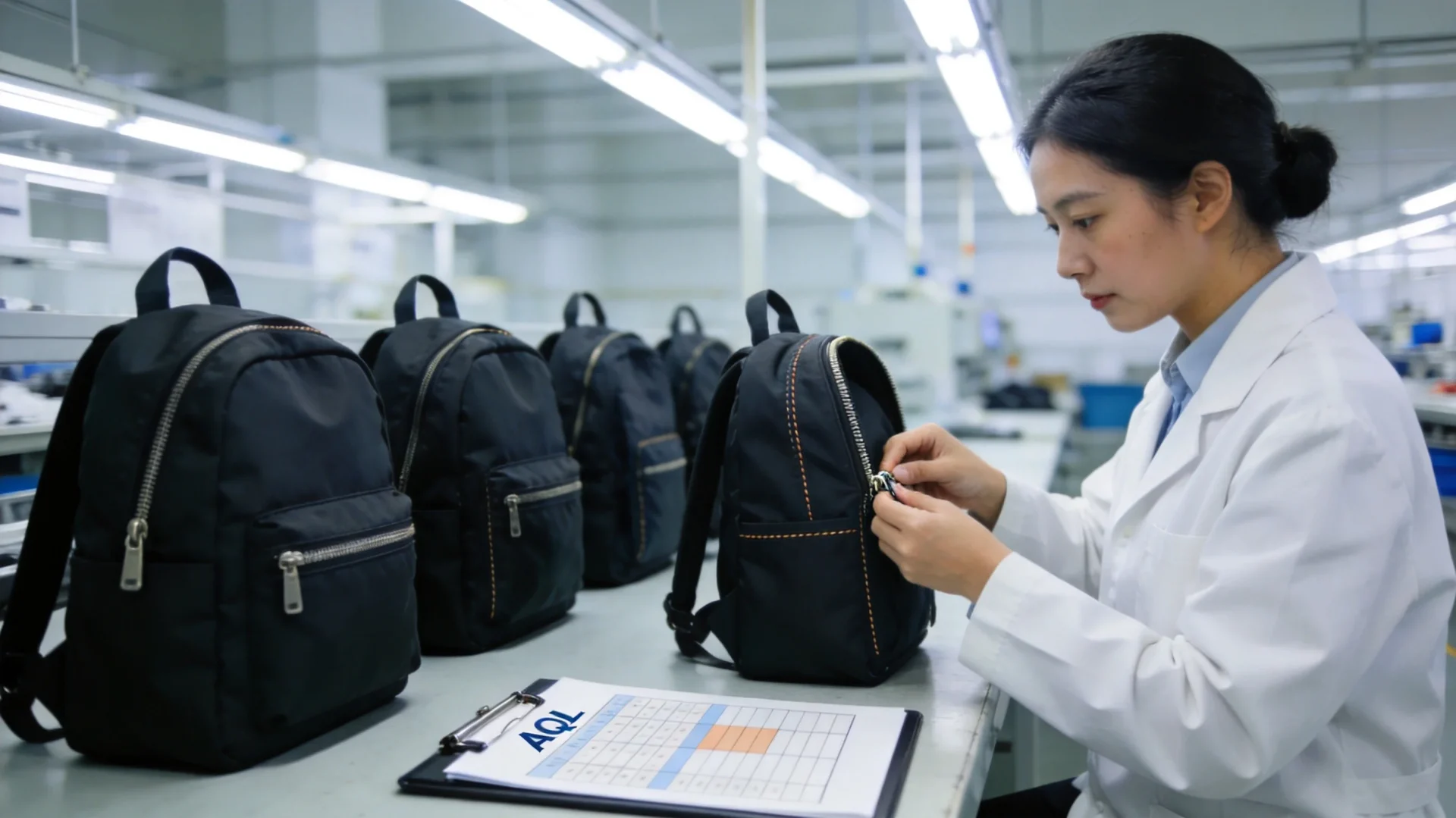 Quality control inspection process for bulk backpack manufacturing orders