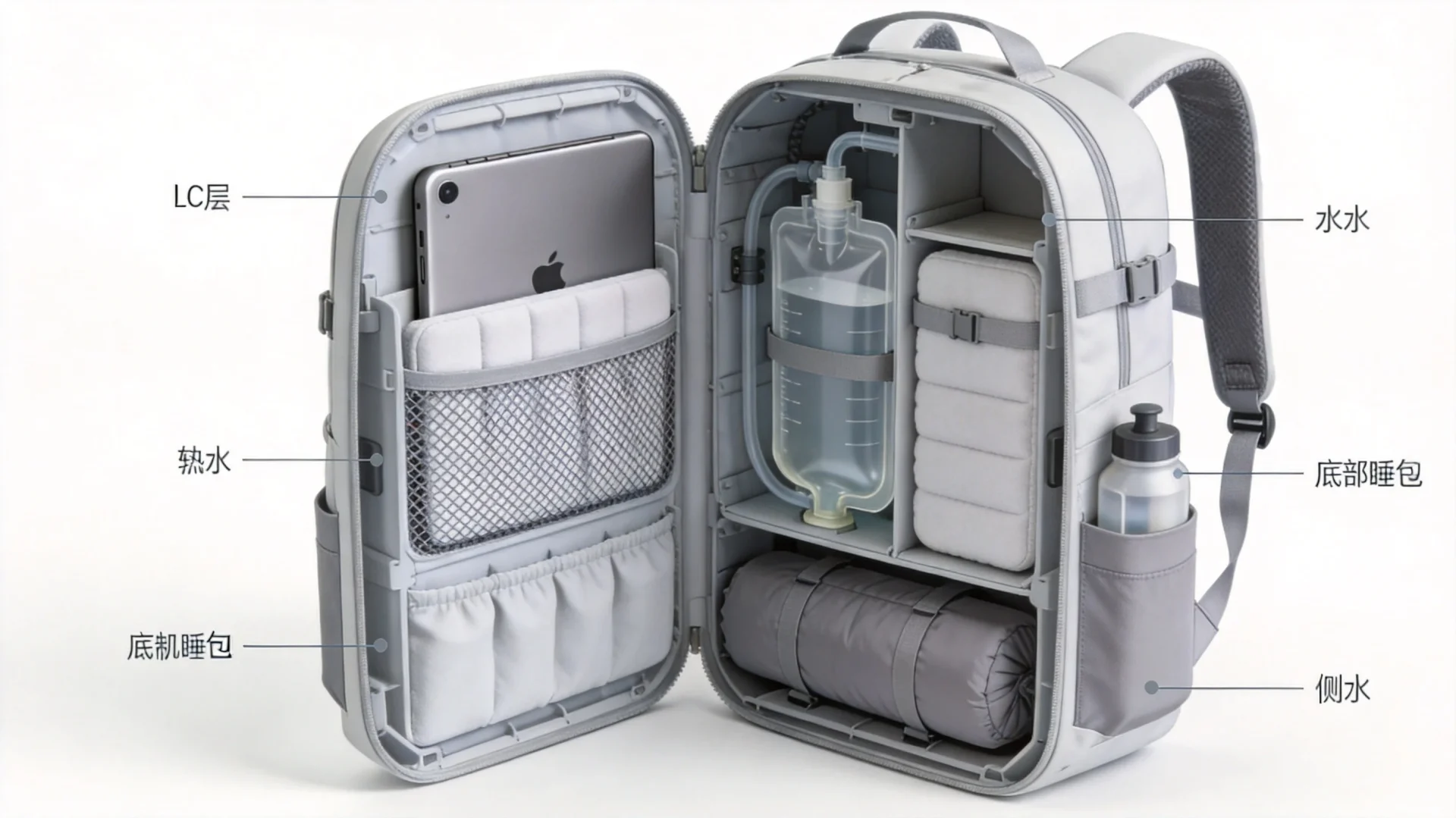 Internal compartment design of a backpack showing organizational layout and padding