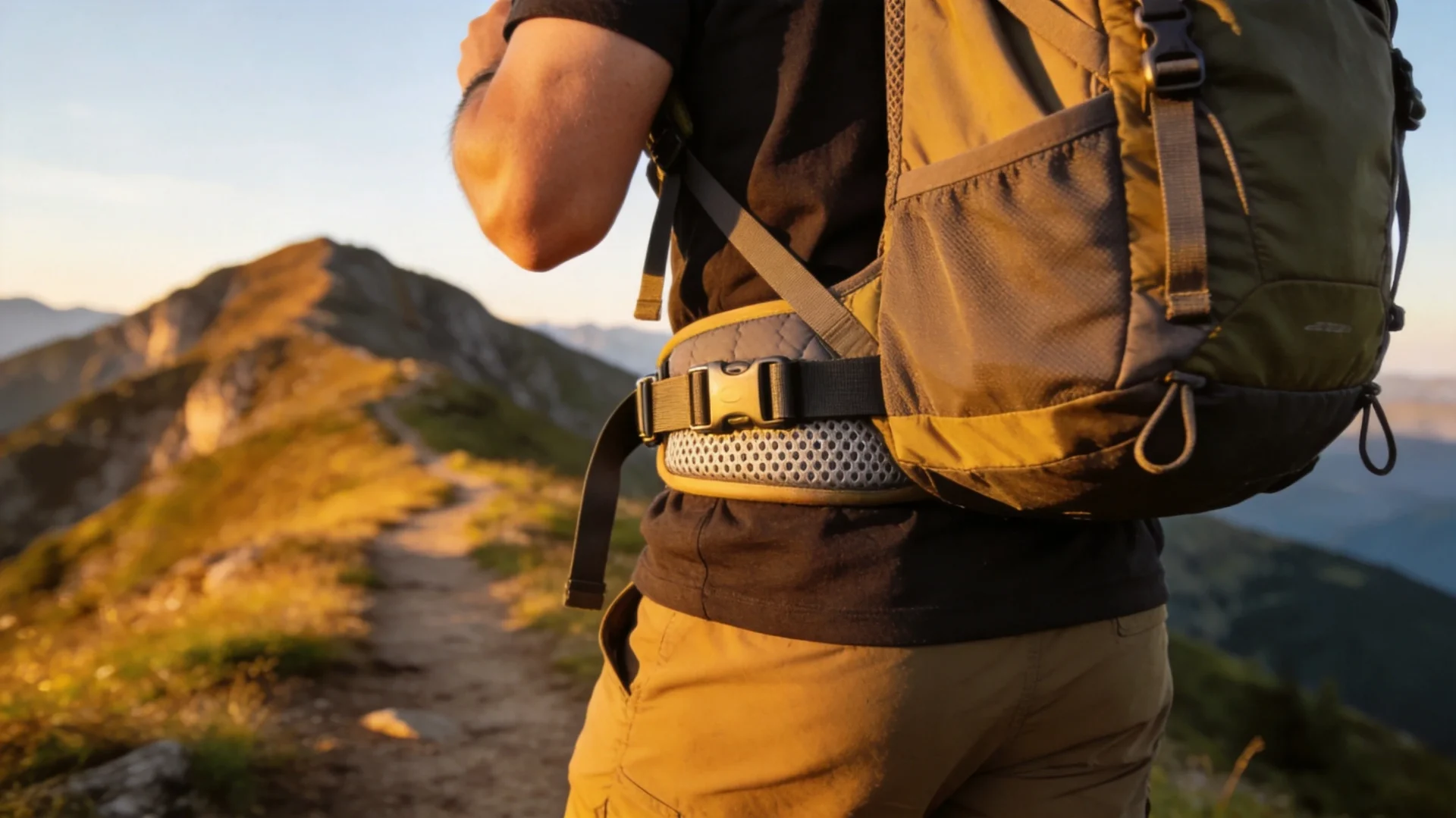 Hiker wearing properly fitted 40L trekking backpack demonstrating ergonomic design