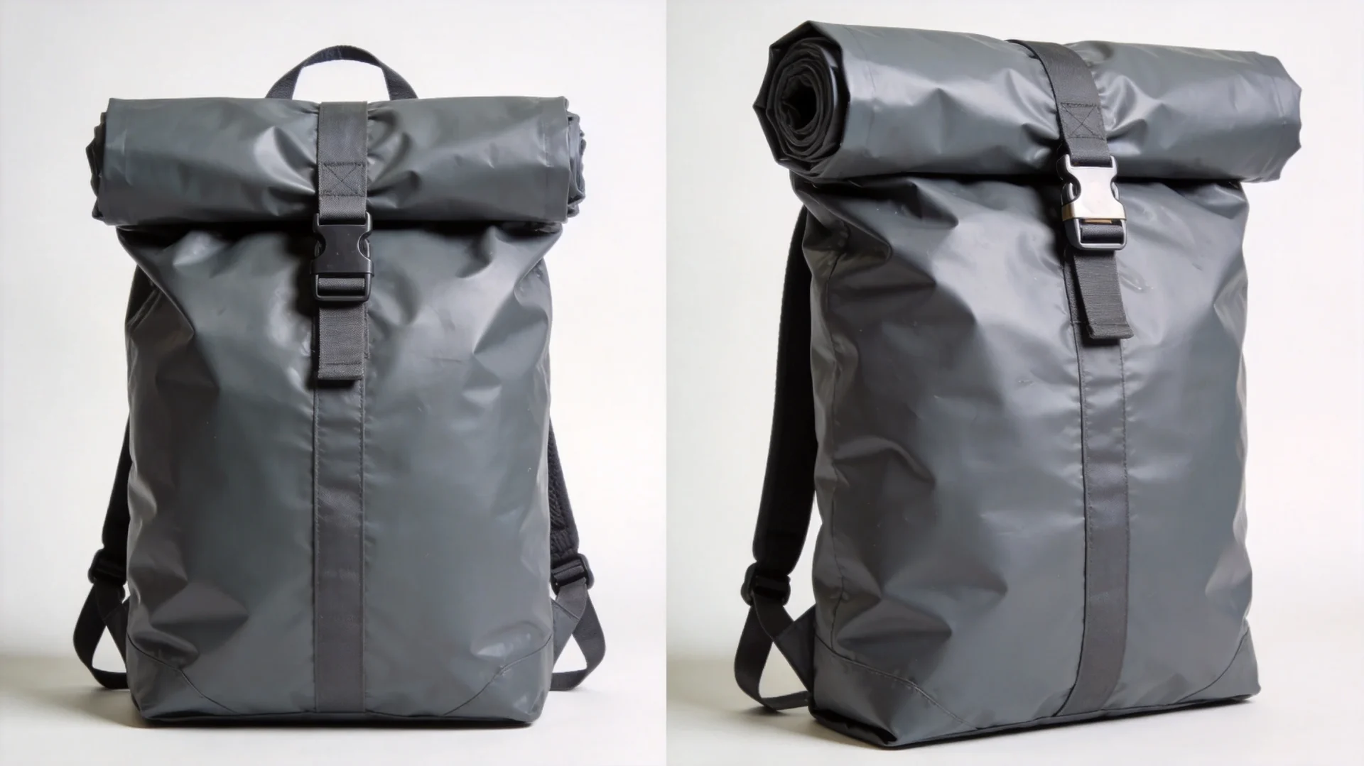 Roll-top backpack design showing expandable capacity mechanism