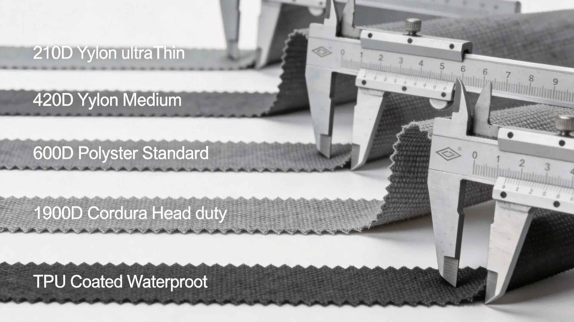 Fabric thickness comparison showing different denier nylon and polyester materials