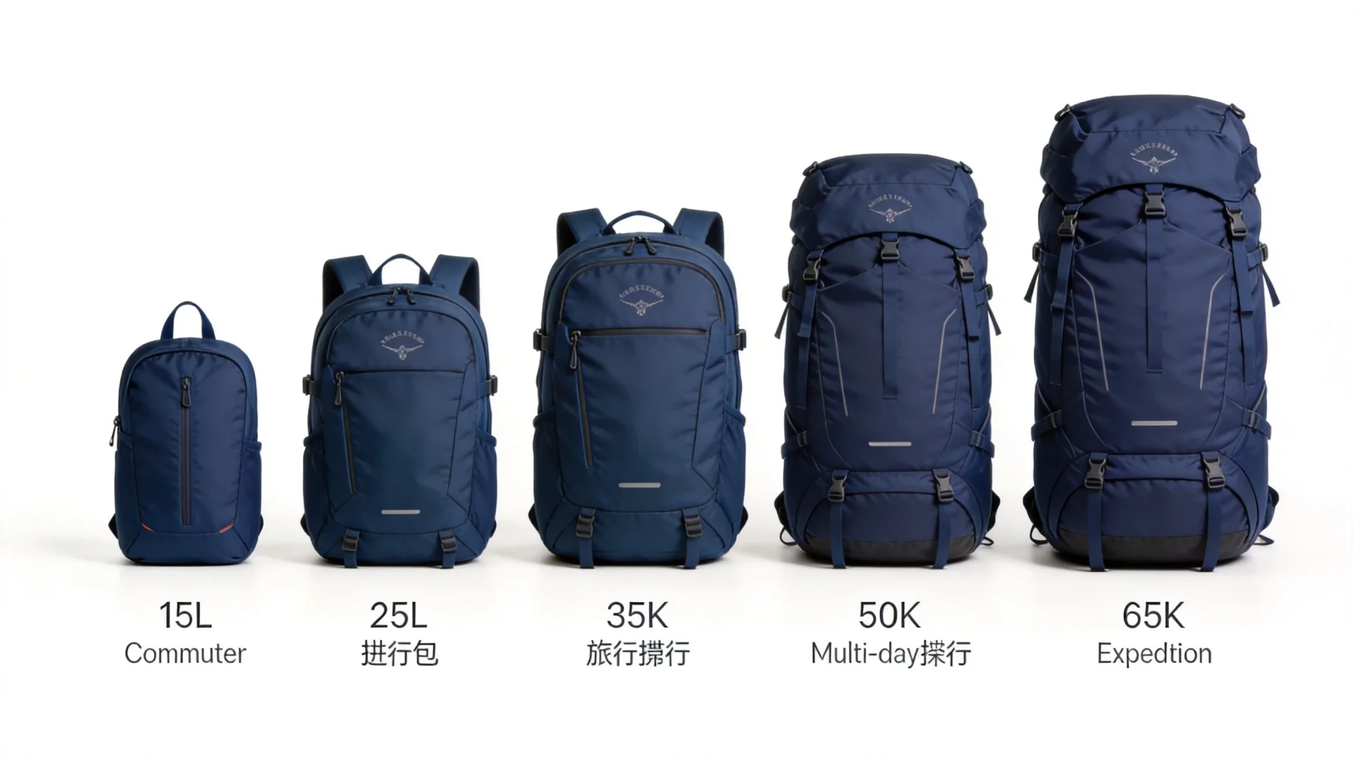Range of backpacks from 15L to 65L showing capacity progression for OEM manufacturing
