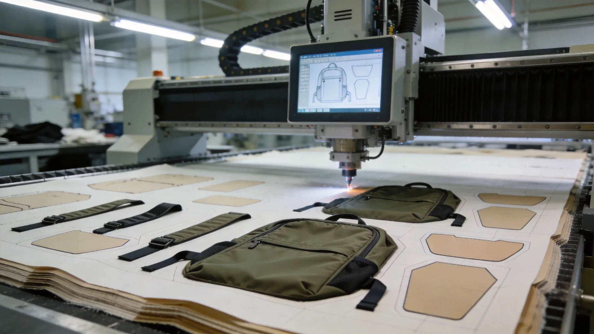 Precision CNC cutting of backpack pattern pieces in modern manufacturing facility