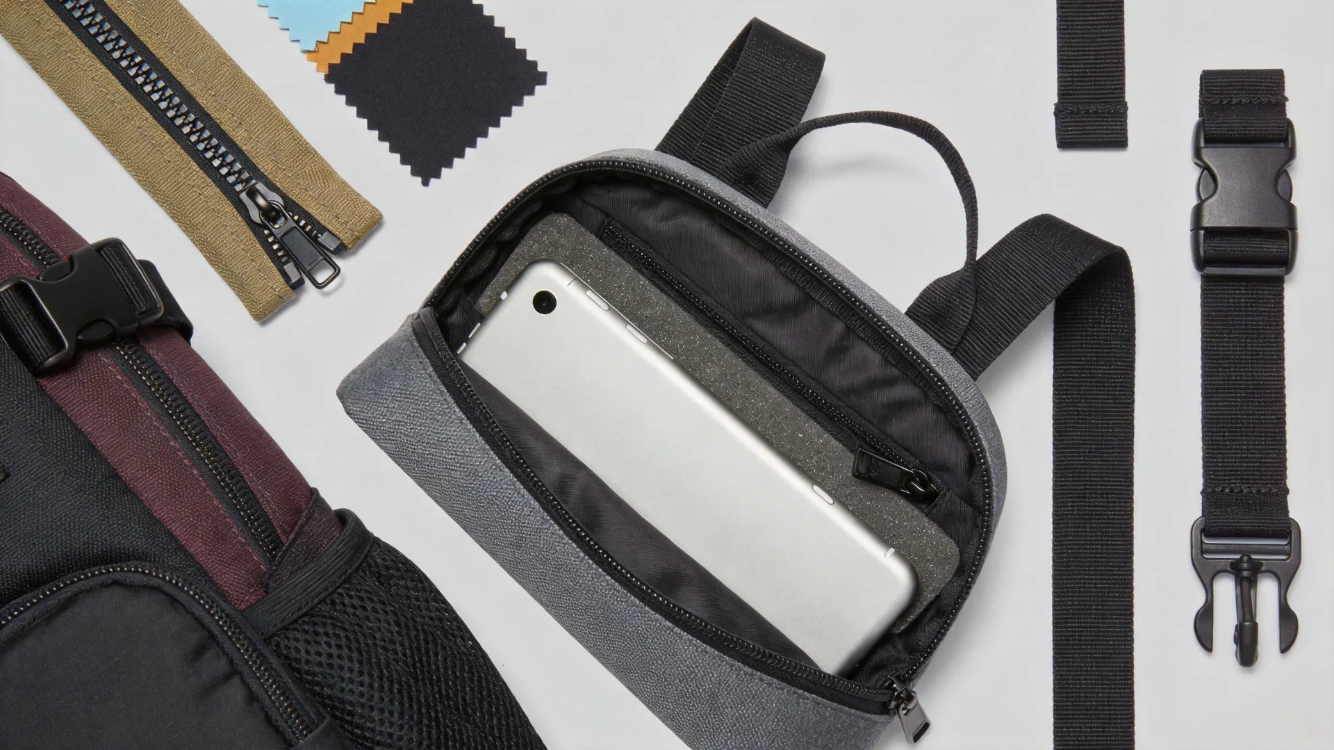 Close-up comparison of backpack materials zippers stitching and hardware details