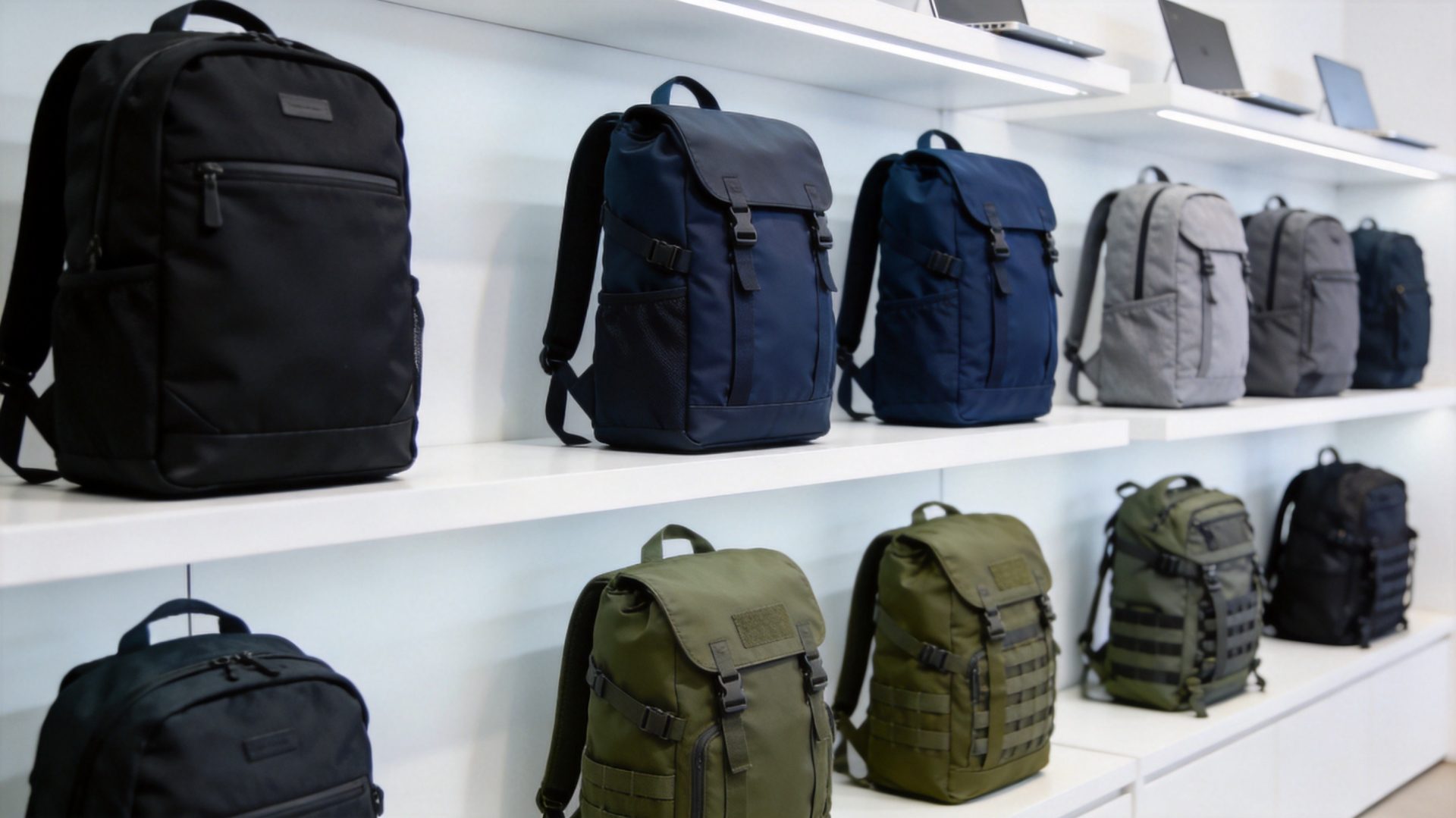 Premium custom backpack collection on display including laptop backpacks, hiking packs, tactical backpacks and travel bags