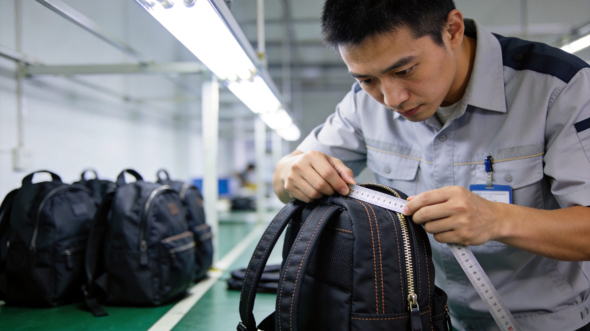 Quality control inspector measuring backpack zipper alignment in a Chinese factory