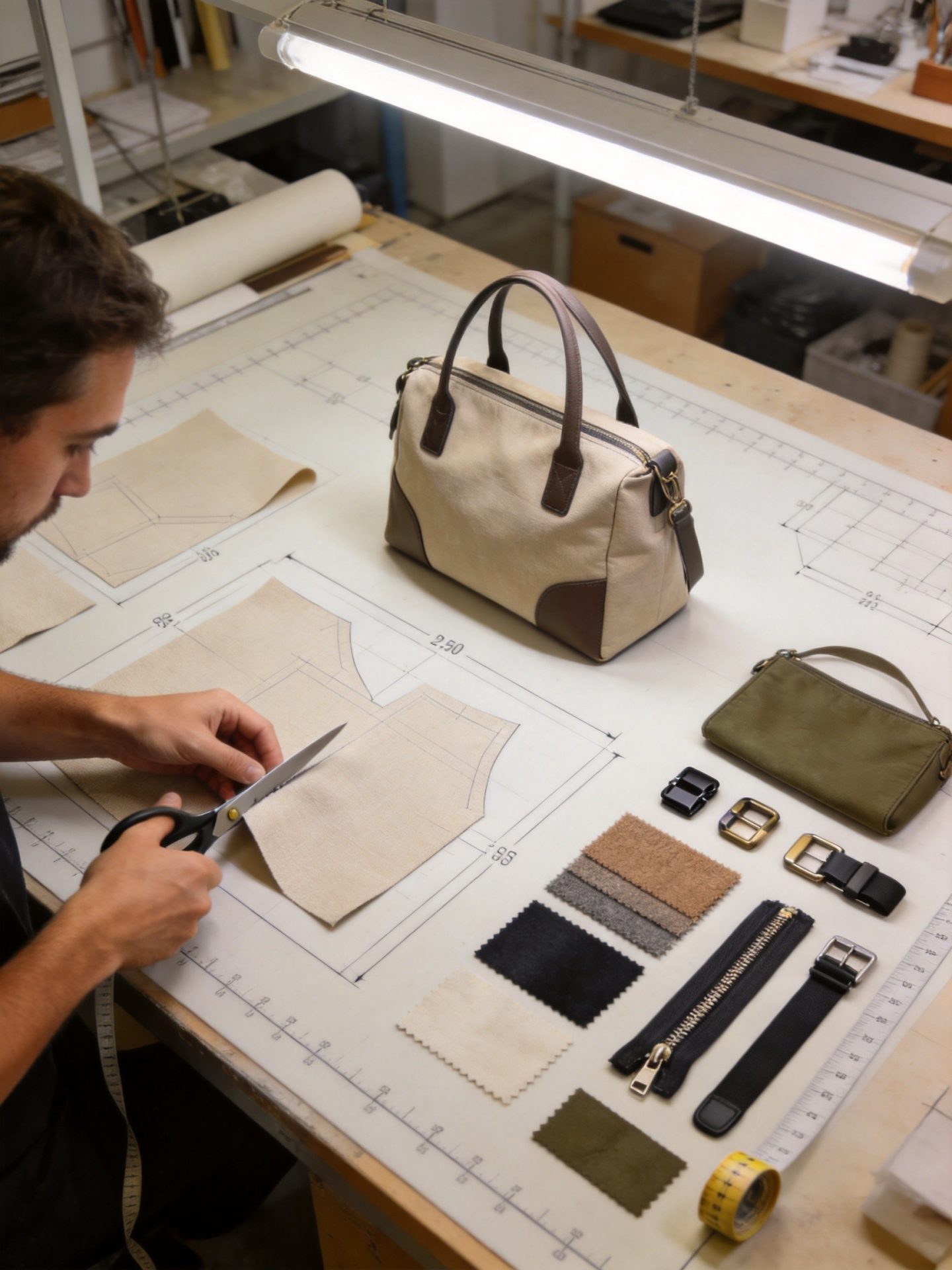 Pattern maker cutting fabric pieces with dimension markings for custom bag prototype development