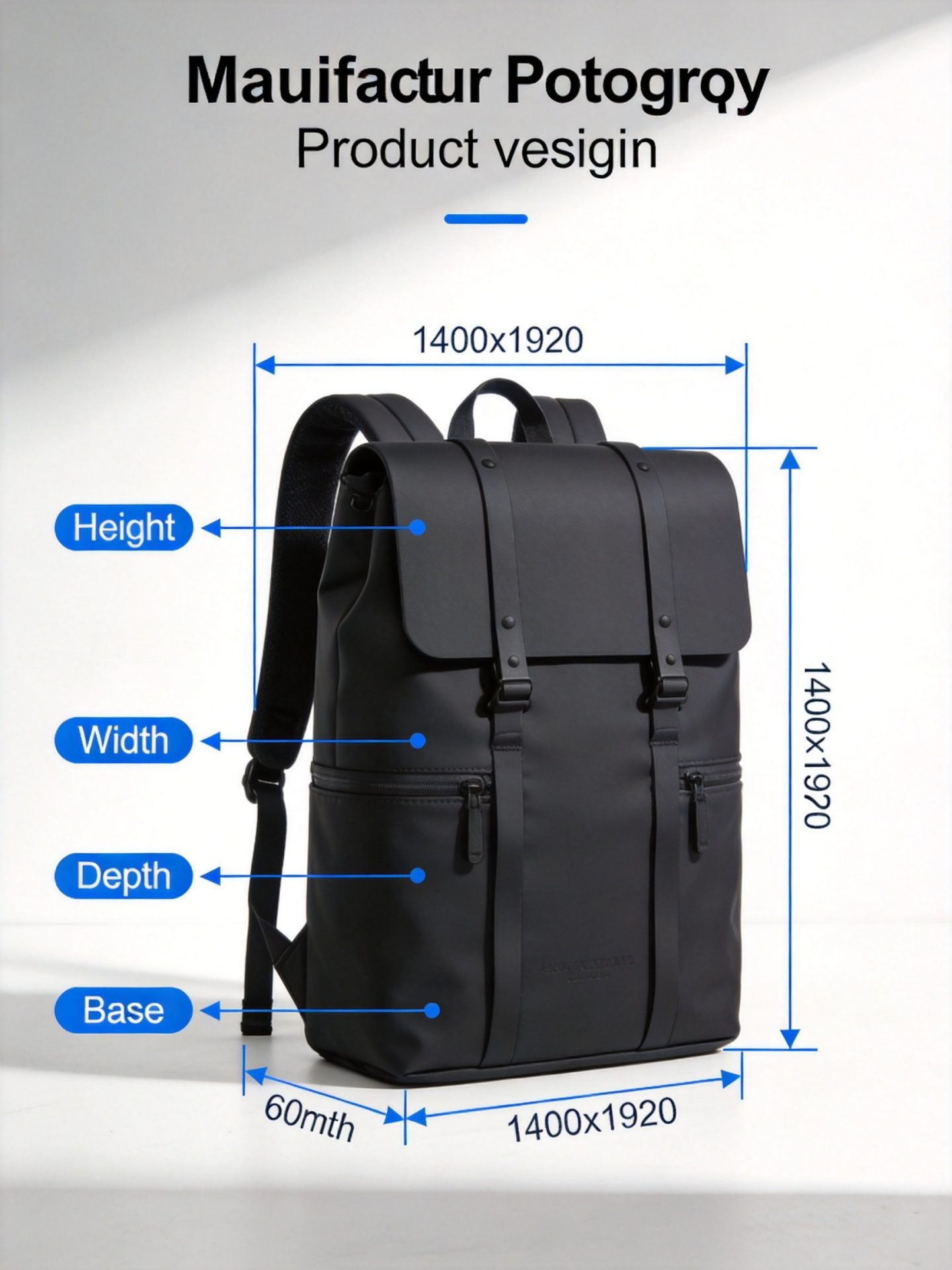 How to measure bag dimensions correctly — height, width, depth, and base measurements illustrated on a backpack
