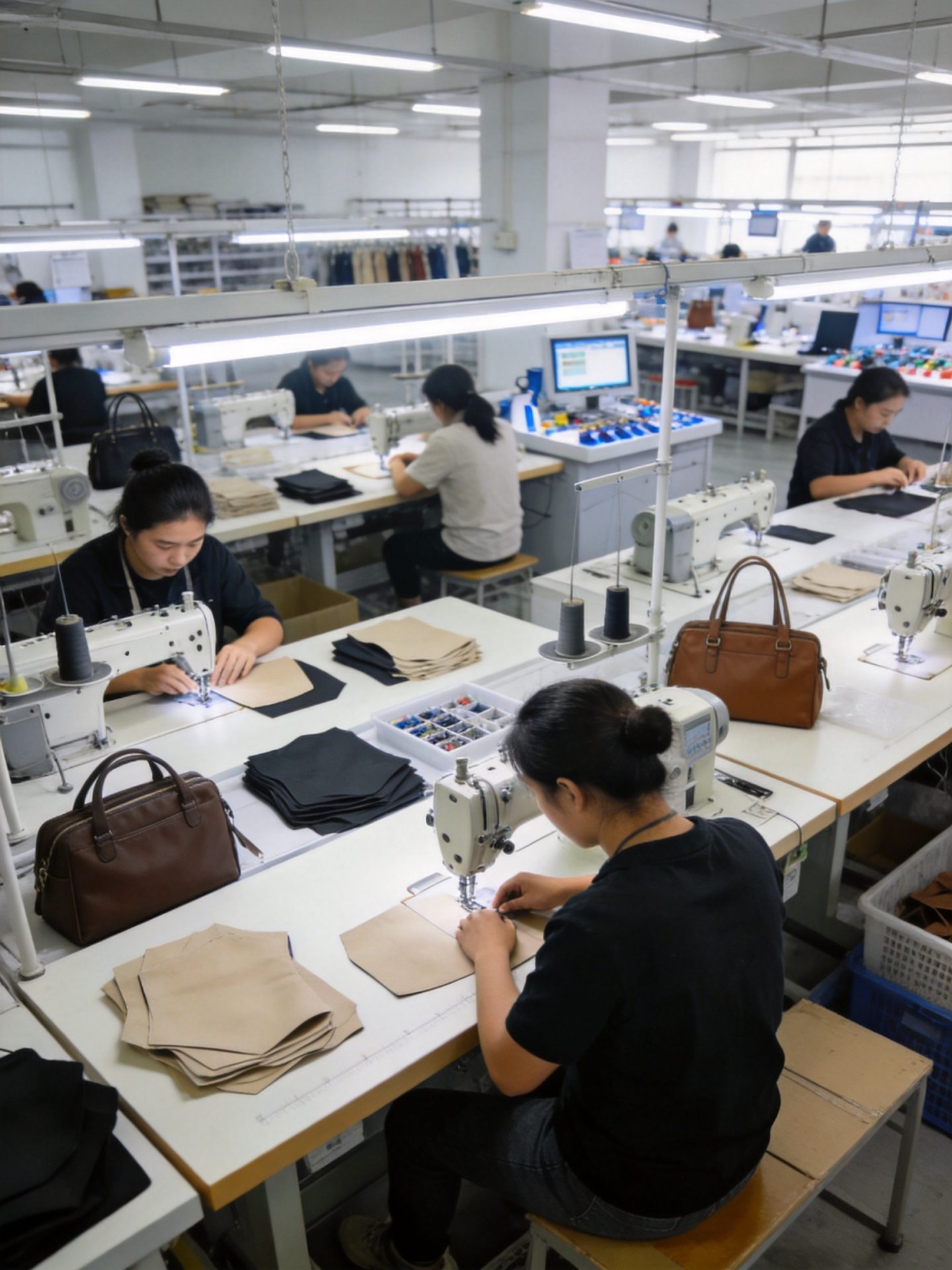 Junyuan Bags factory production line showing custom bag manufacturing process including cutting, sewing, quality inspection and assembly
