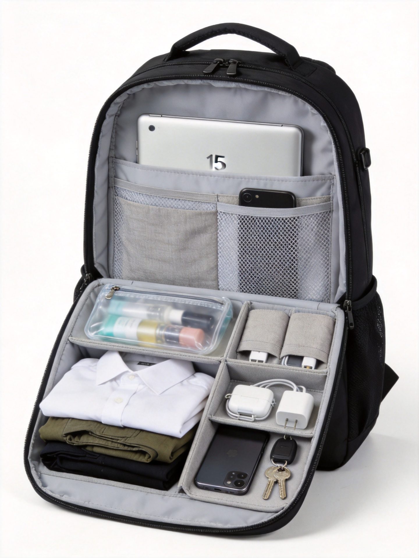 Bag internal organization showing compartments and storage layout that affects usable capacity