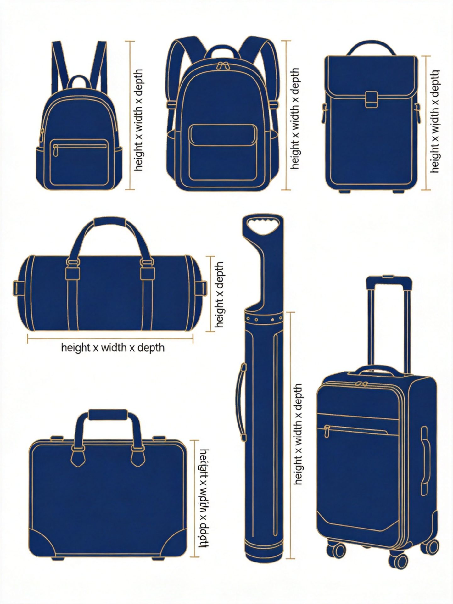 Bag size comparison chart showing standard dimensions across backpacks, duffle bags, handbags, golf bags, and specialty bags