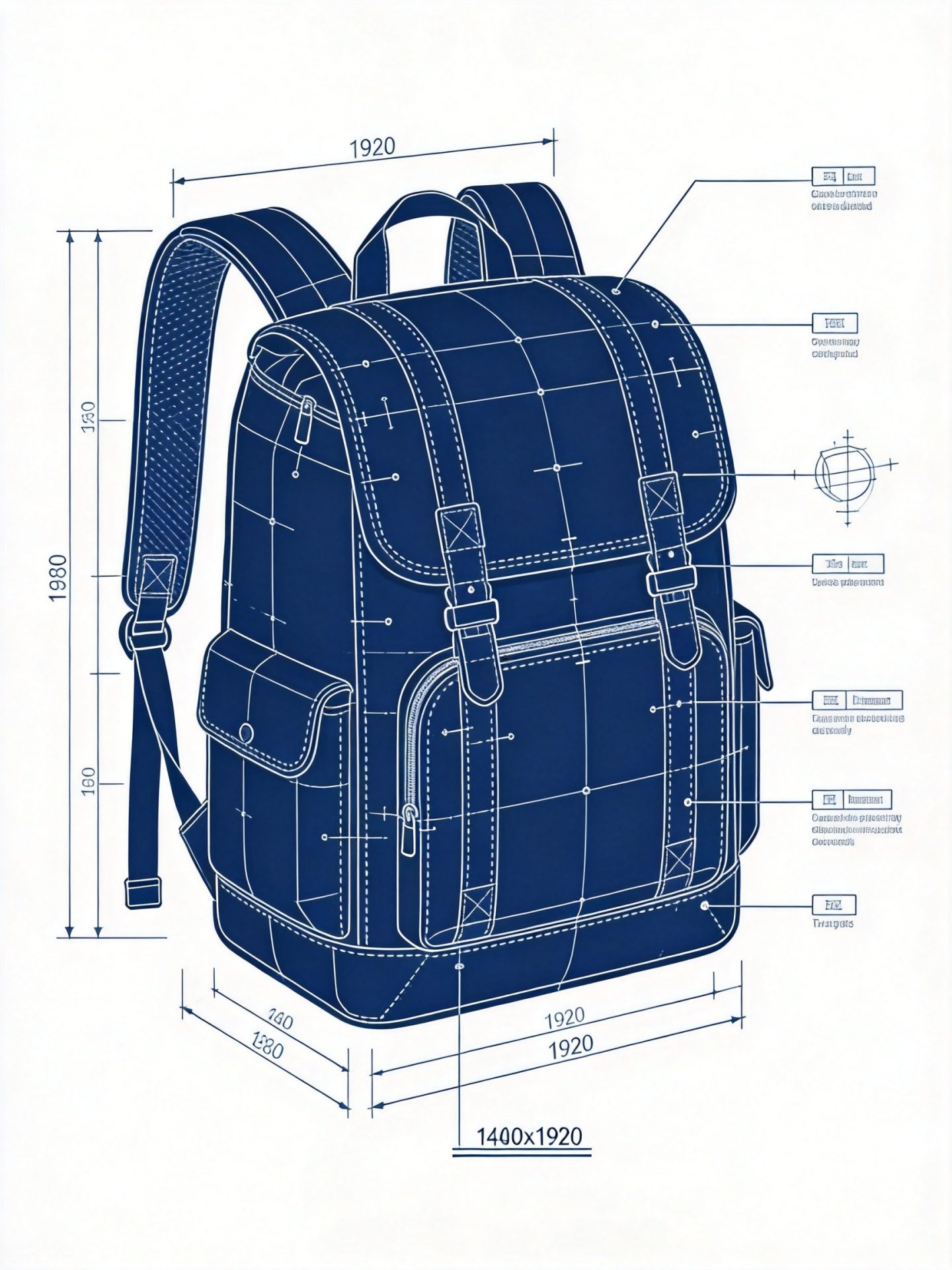 Technical specification sheet for custom bag manufacturing showing dimension callouts, tolerance marks, and construction details