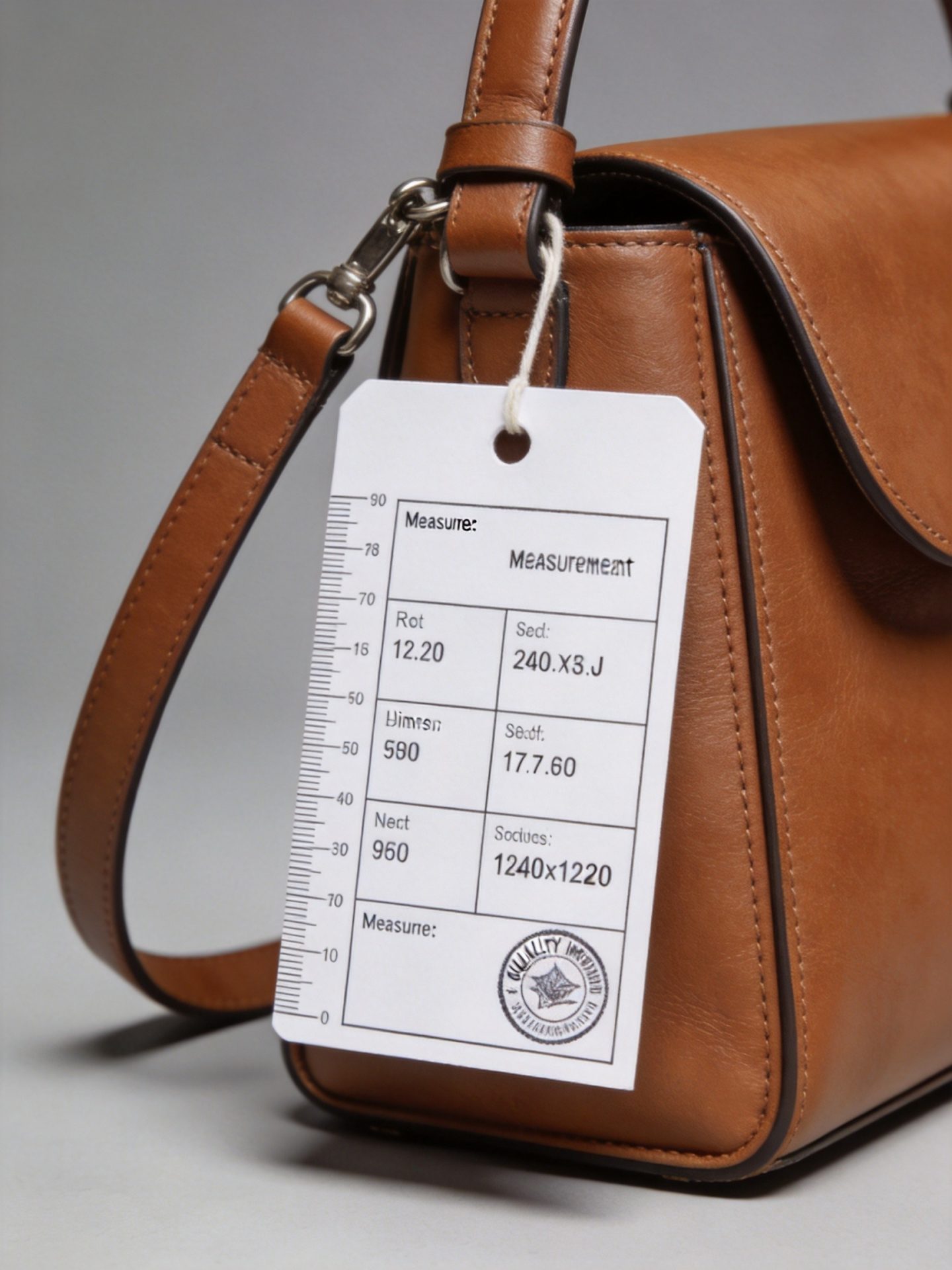 Bag dimension specification tag and quality inspection stamp on finished product