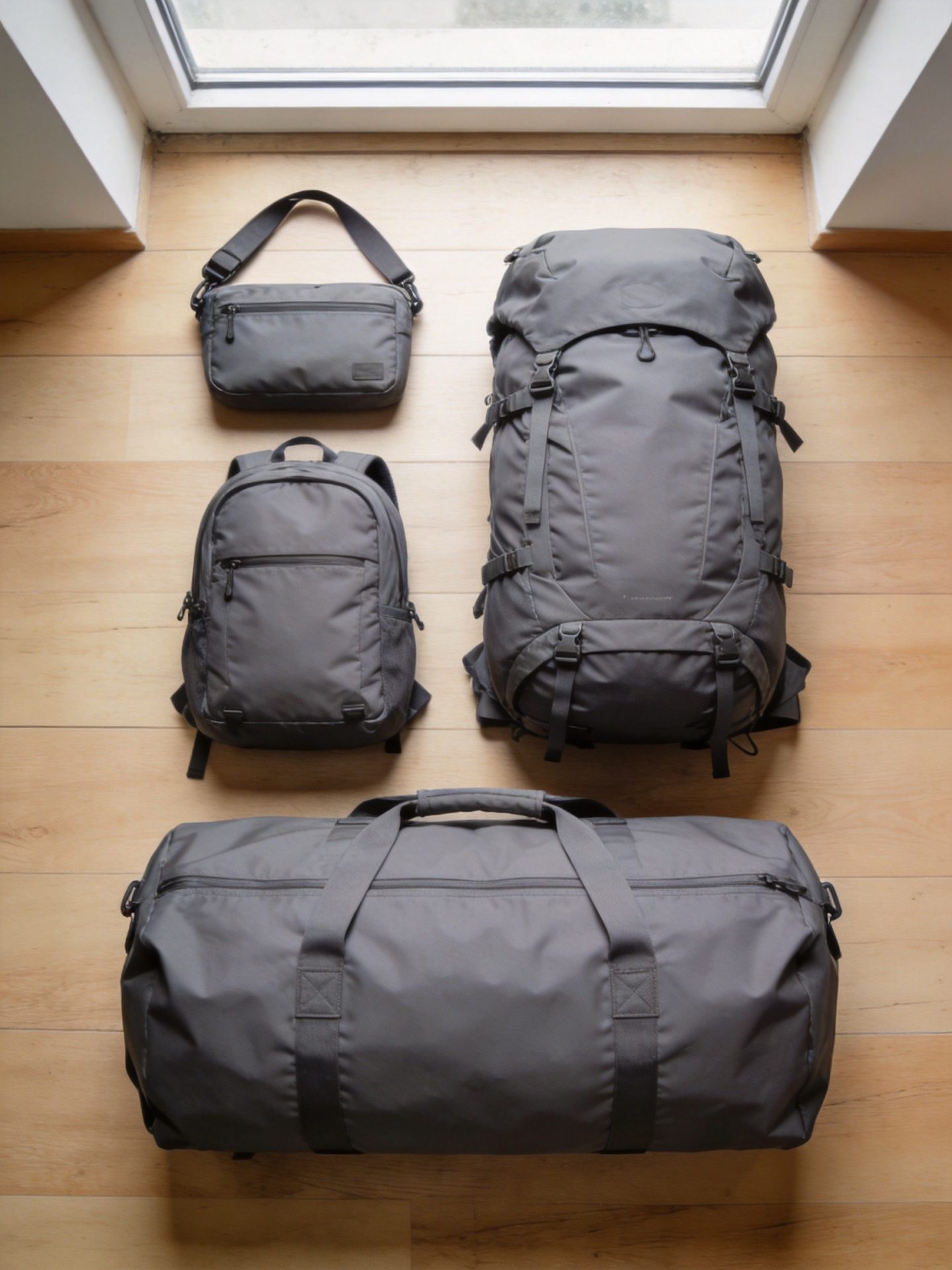 Overhead flat-lay comparison of different bag types showing relative size differences