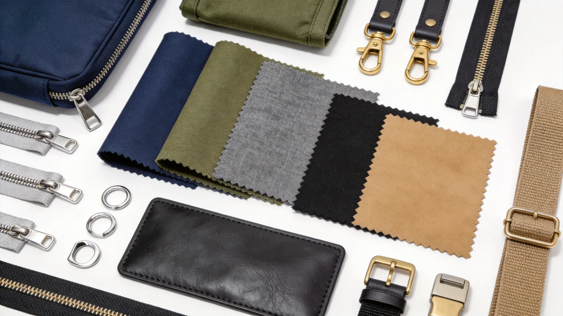 Material swatches and hardware options for bag sample development