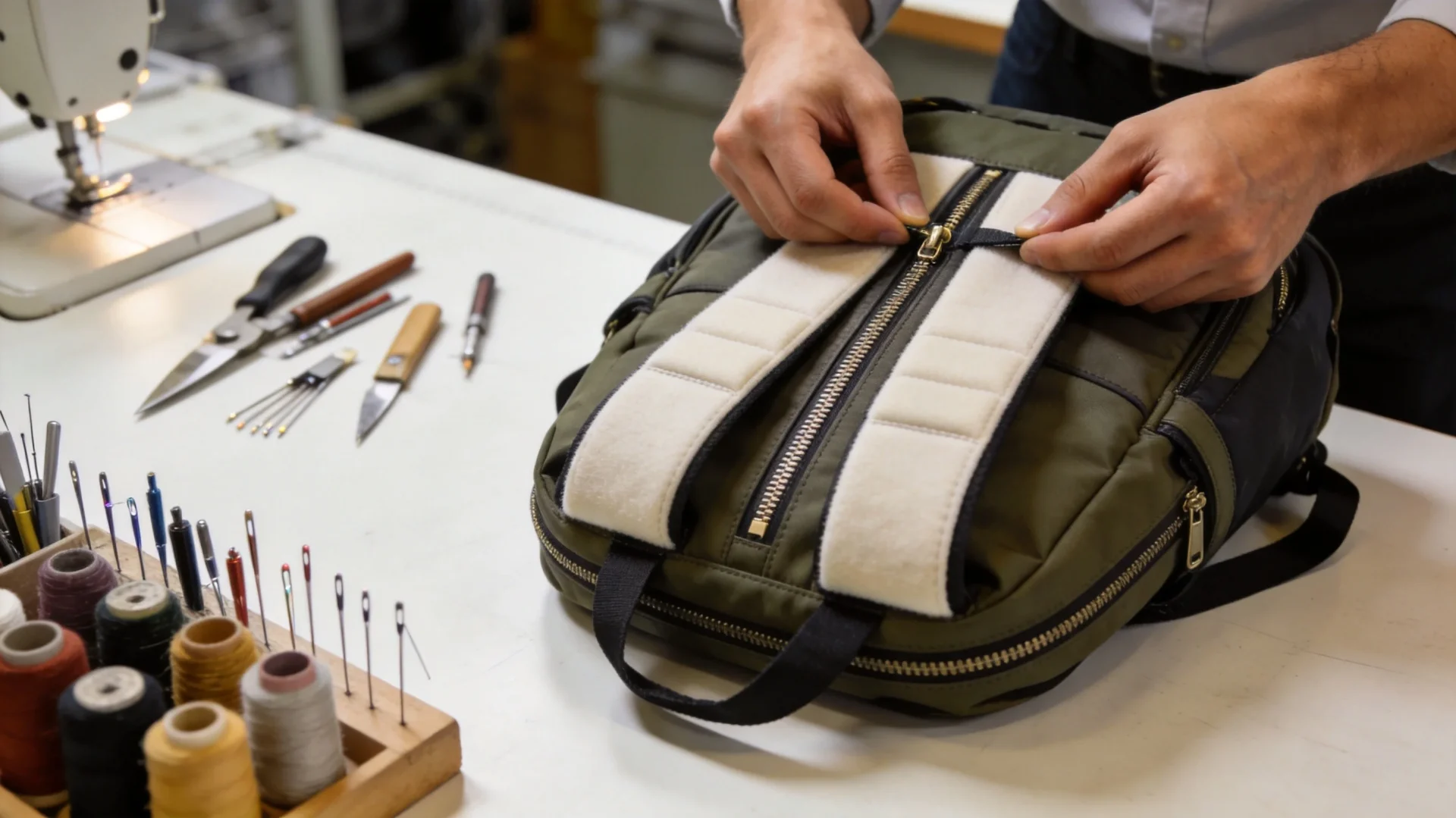 Skilled technician assembling a bag prototype in the development workshop