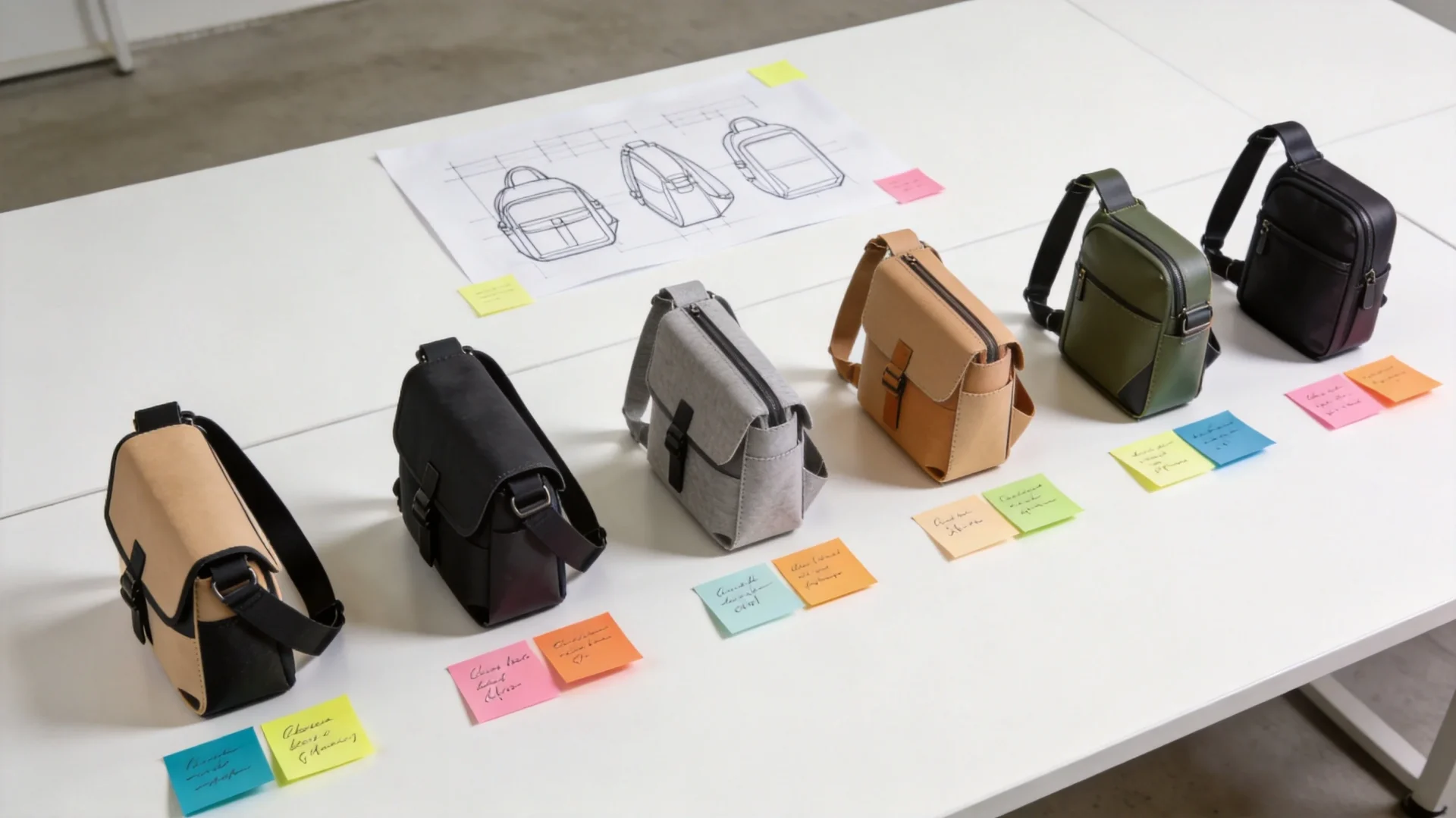 Sample revision process showing multiple prototype iterations for bag development