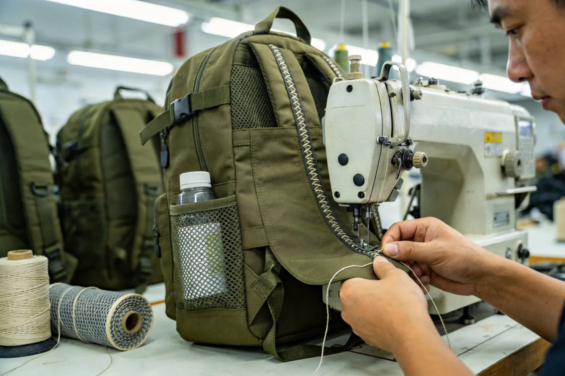 Factory worker attaching elastic mesh water bottle holder pocket onto outdoor backpack at manufacturing facility