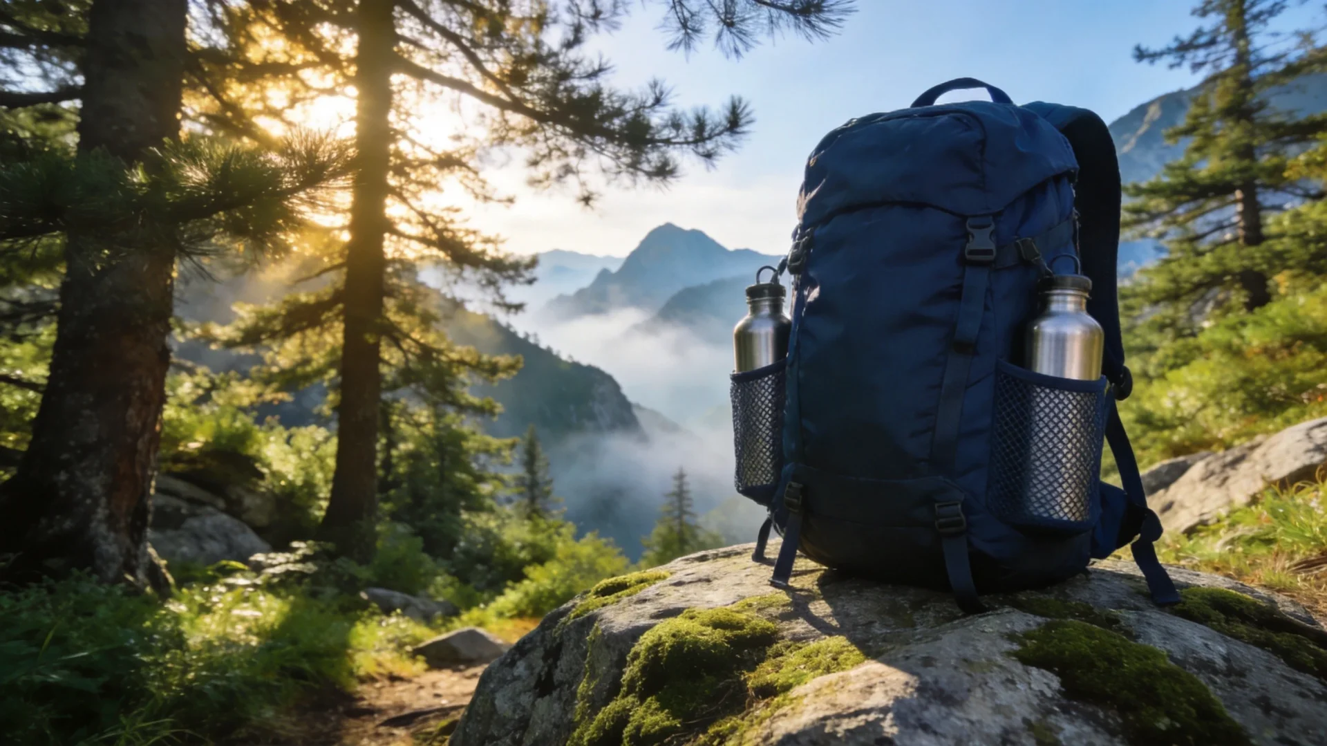 Rugged navy blue hiking backpack with dual side mesh water bottle pockets on mountain trail
