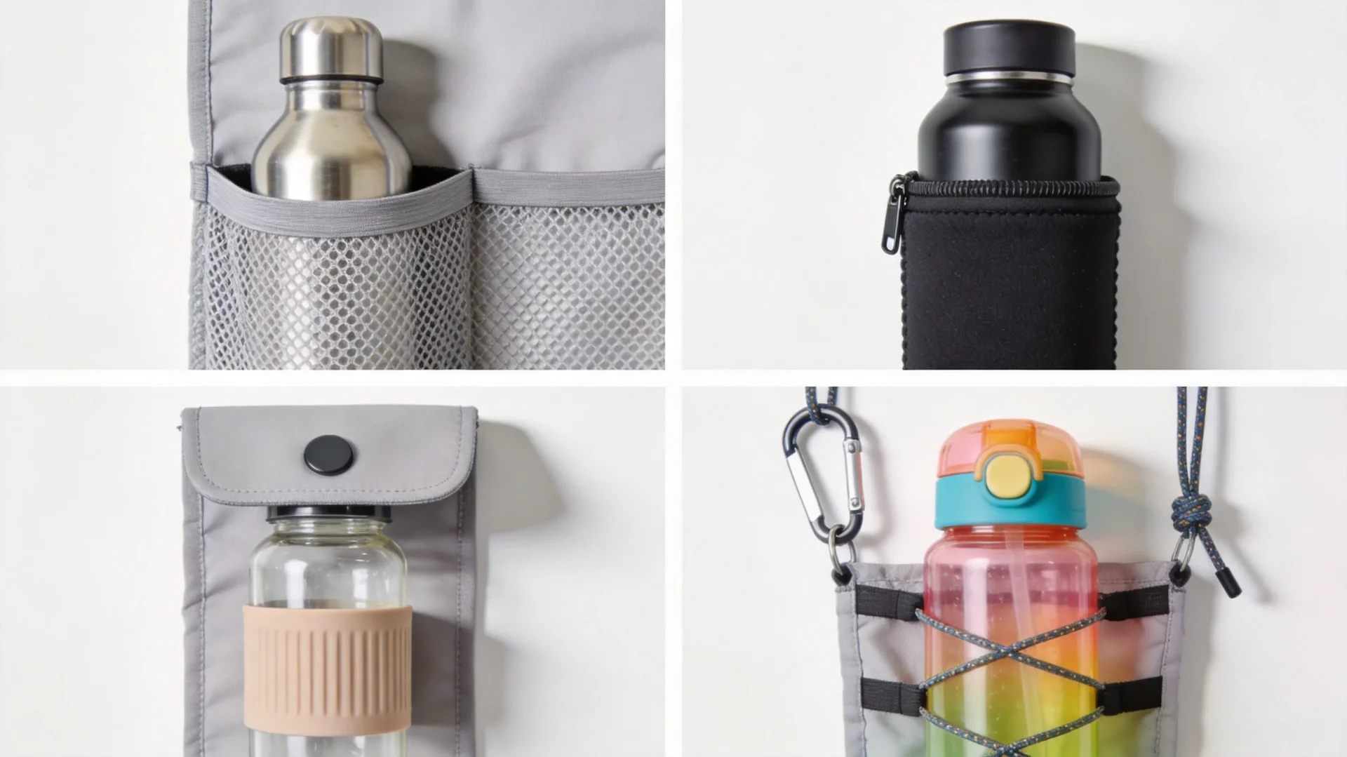 Four different water bottle holder design styles comparison showing stretch mesh neoprene insulated magnetic flap and bungee cord types