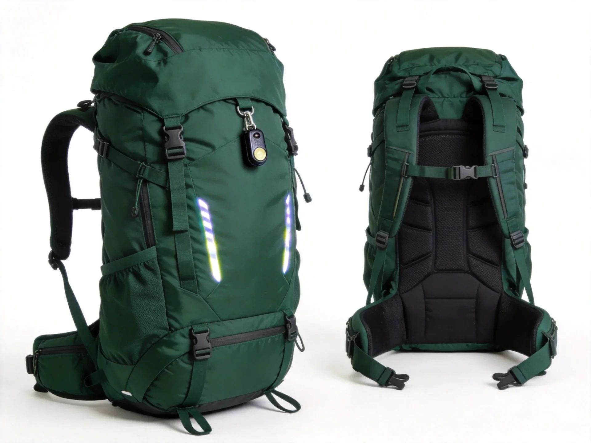 Patagonia forest green backpack with water-resistant coating and reflective accents