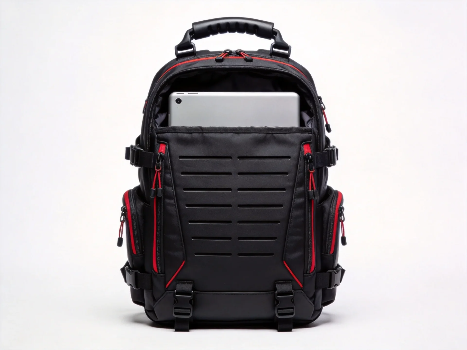 SwissGear black tactical-style backpack with geometric ribbed airflow back panel