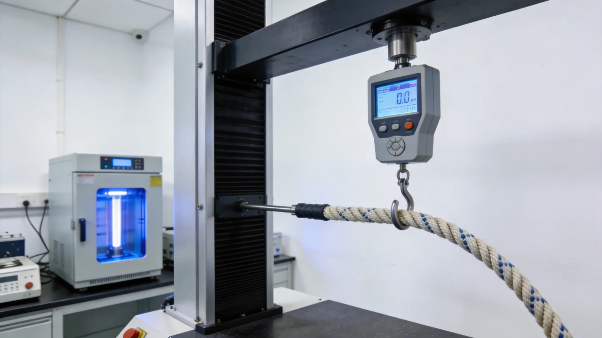 Laboratory tensile testing machine measuring bungee cord elasticity and UV aging chamber for quality control - backpack material testing