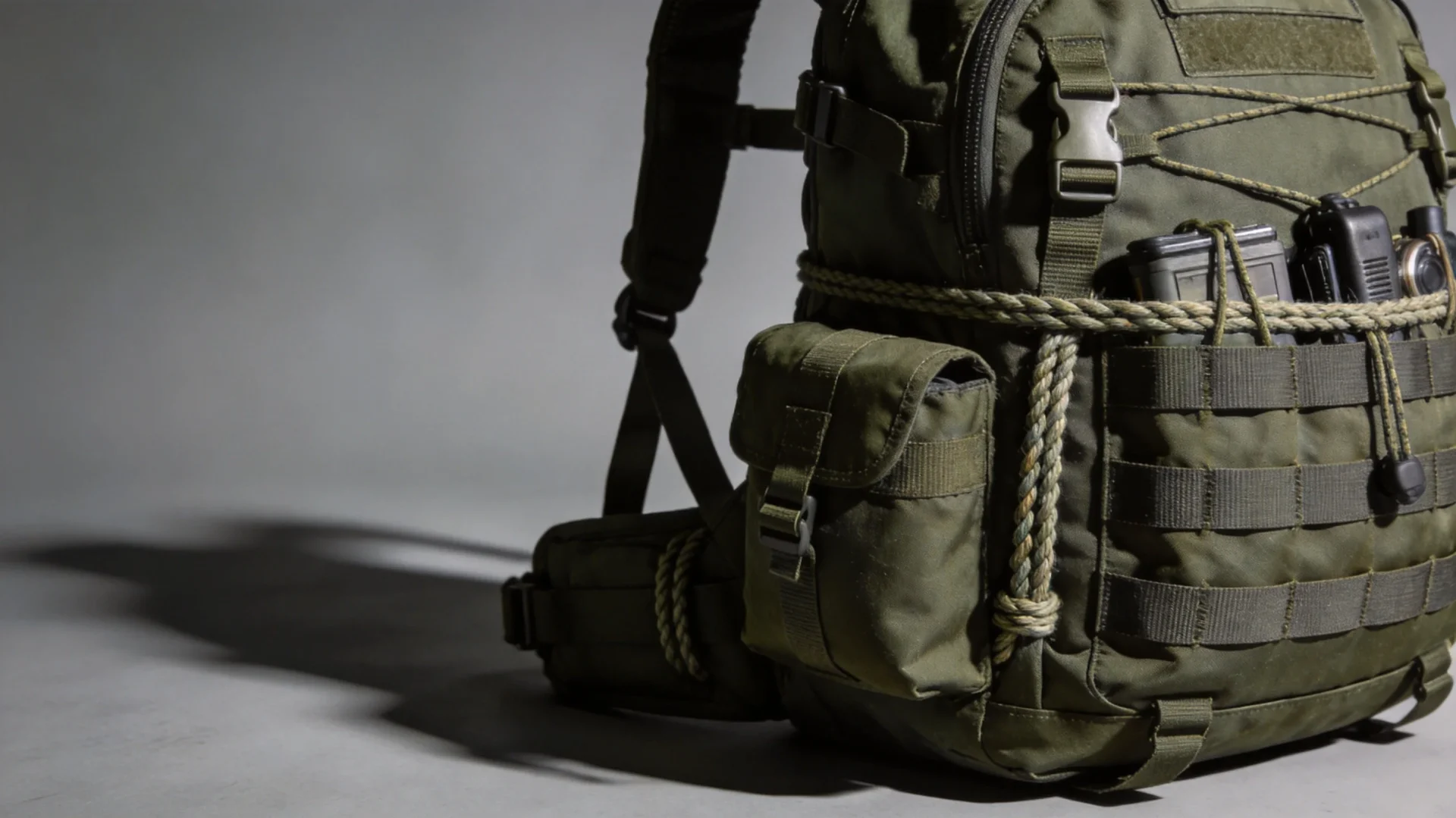 Tactical backpack with front-mounted bungee cord MOLLE system and side compression cords - mounting position design guide for OEM