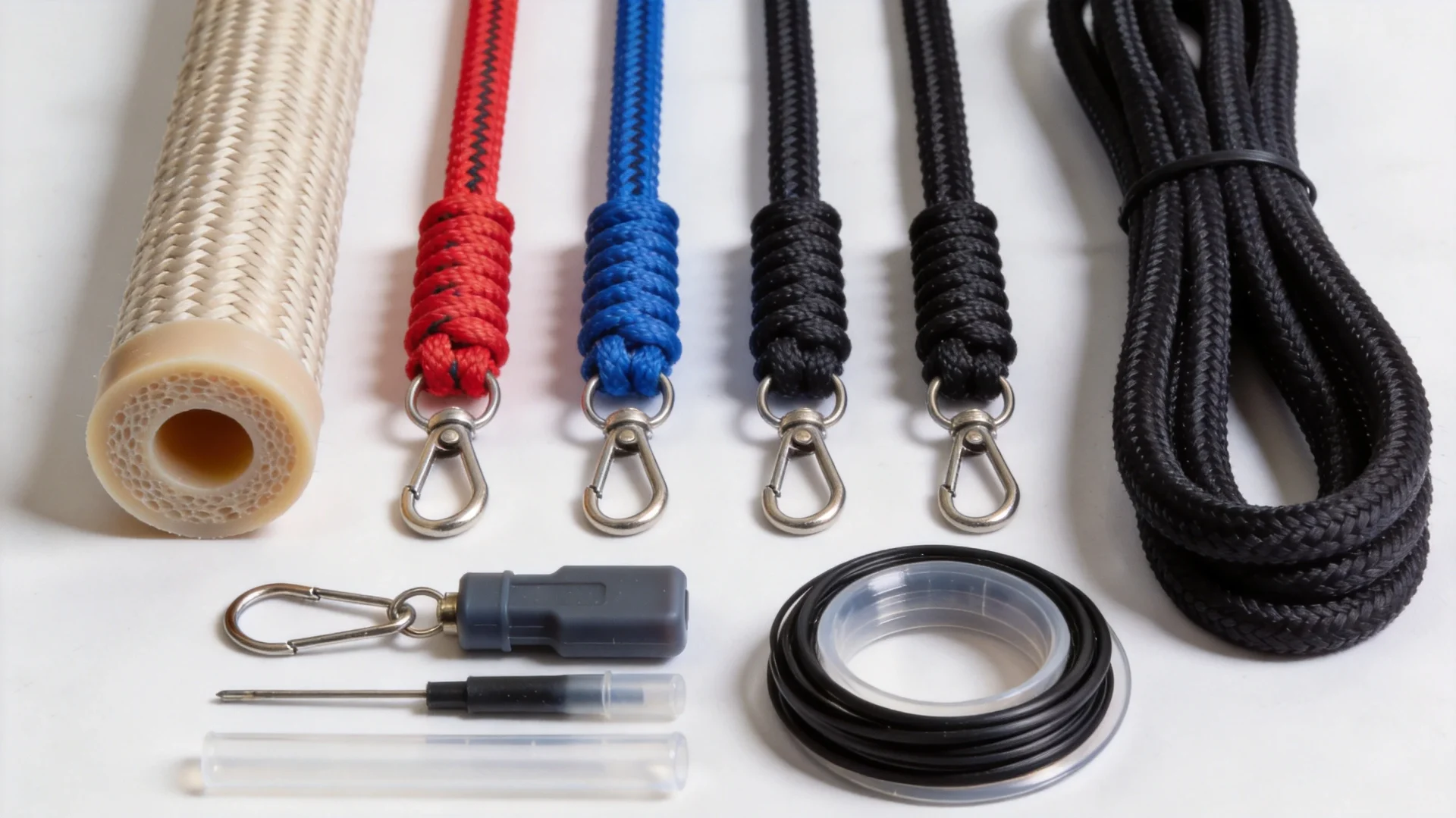Elastic bungee cord materials showing rubber core and braided outer sheath in different diameters from 3mm to 6mm - backpack manufacturing components