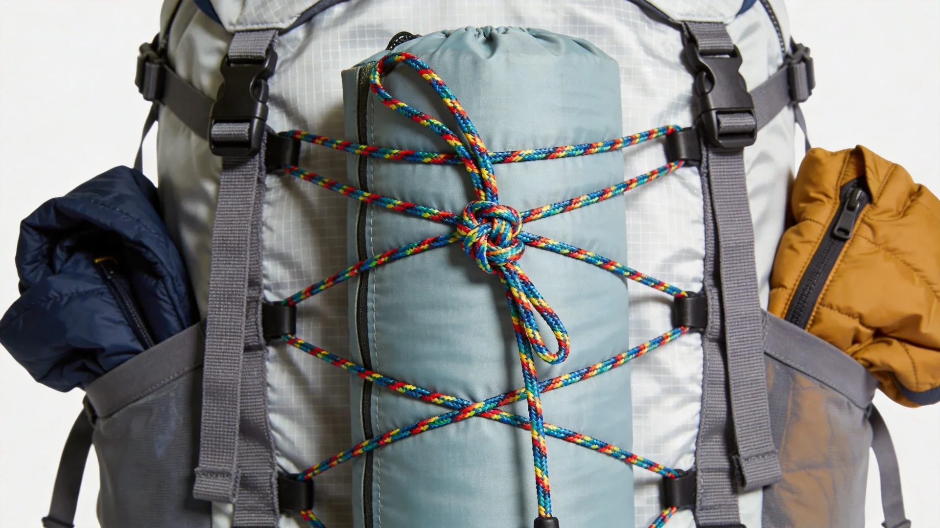 Hiking backpack with elastic bungee cord system securing outdoor gear - OEM manufacturing design for backpacks