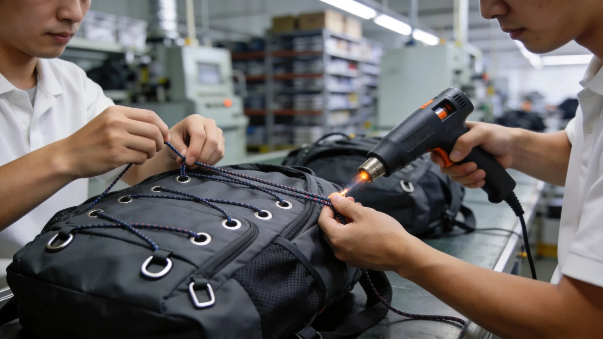 Factory production line showing bungee cord assembly onto backpacks with threading and heat sealing process - OEM manufacturing workflow