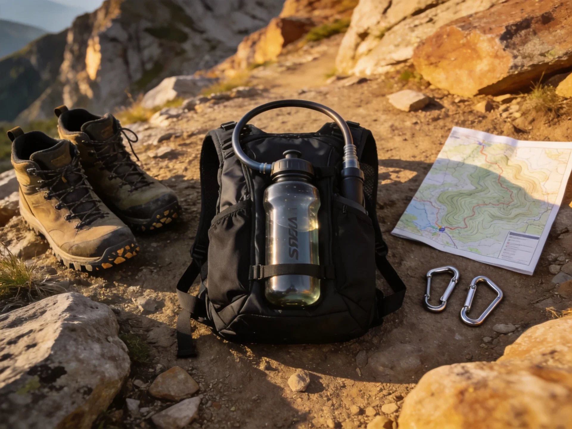 Outdoor hydration backpack on mountain trail at golden hour