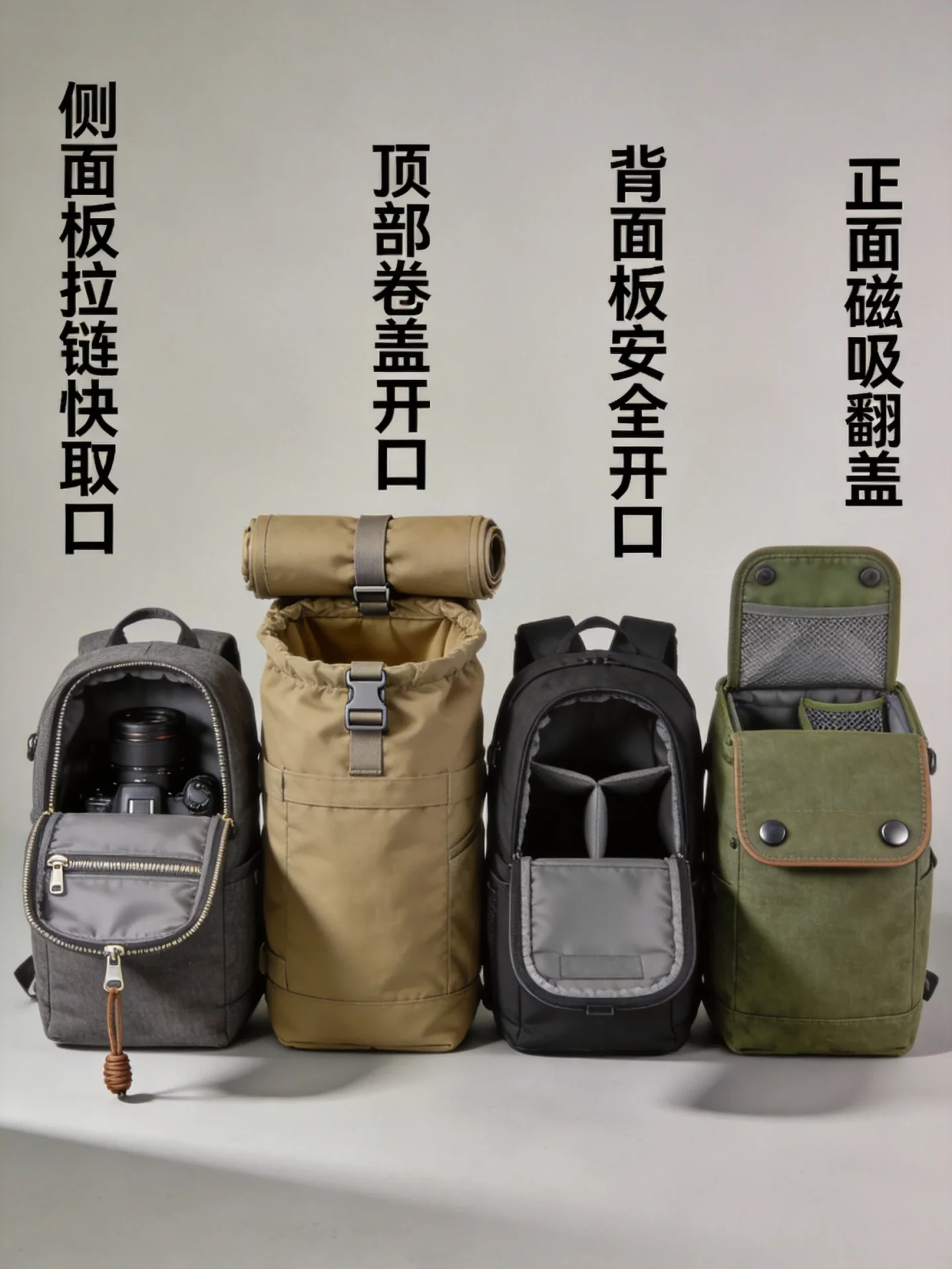Camera bag quick-access opening design comparison showing side panel zipper, top opening, back panel security access, and front magnetic flap entry
