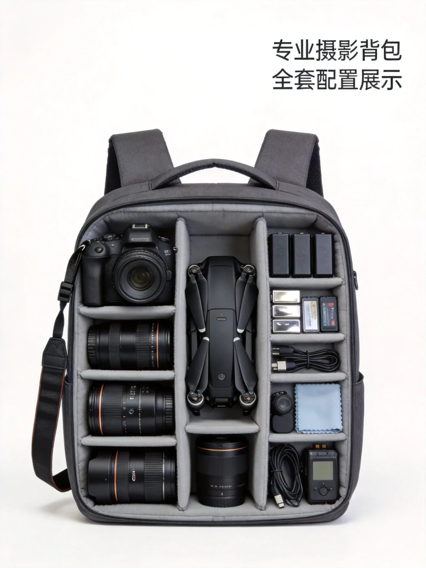 Complete camera bag configuration with DSLR body, multiple lenses, drone compartment, batteries, memory cards, and accessories organized inside