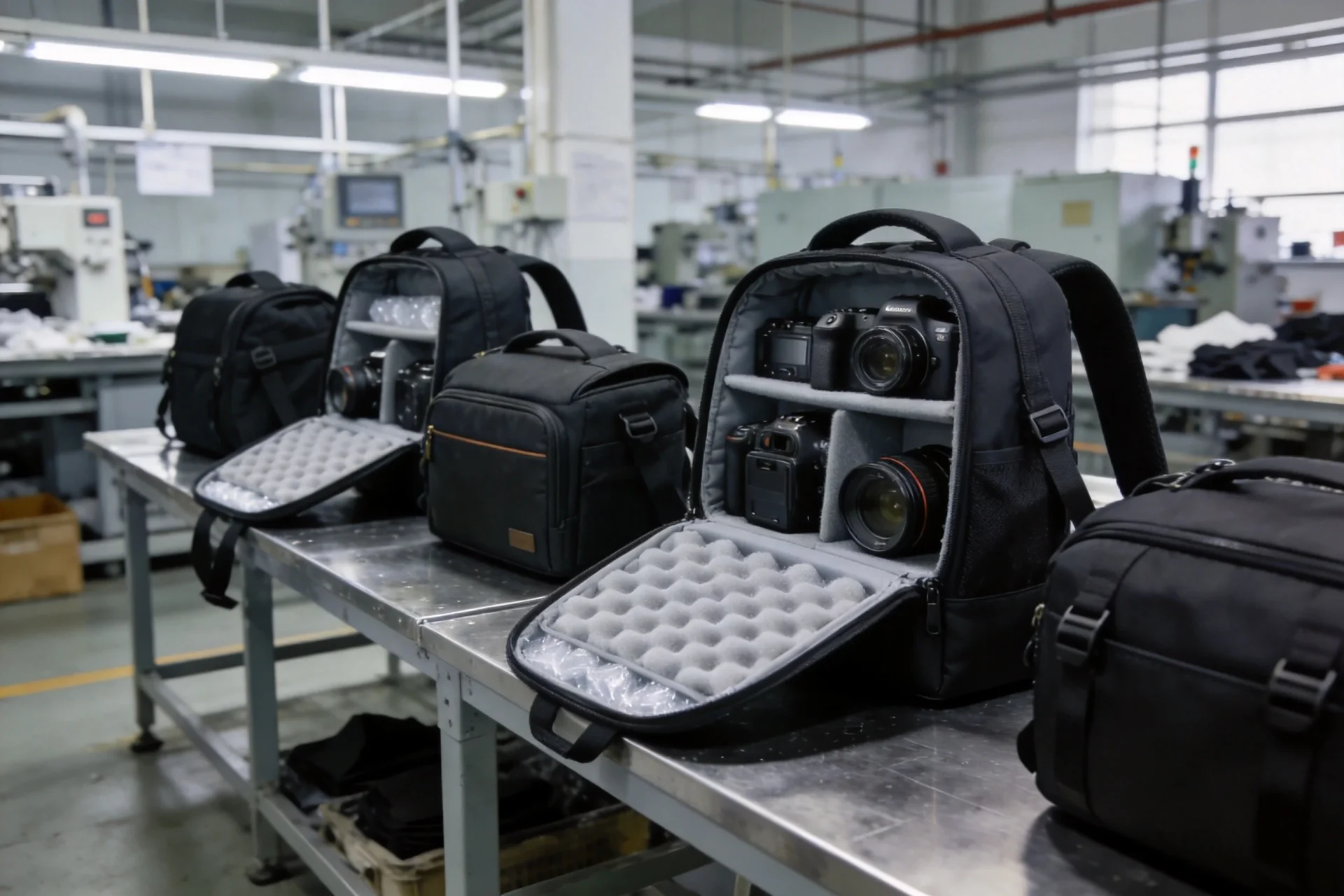 Camera bag OEM manufacturing workshop with professional DSLR and mirrorless camera bags in production