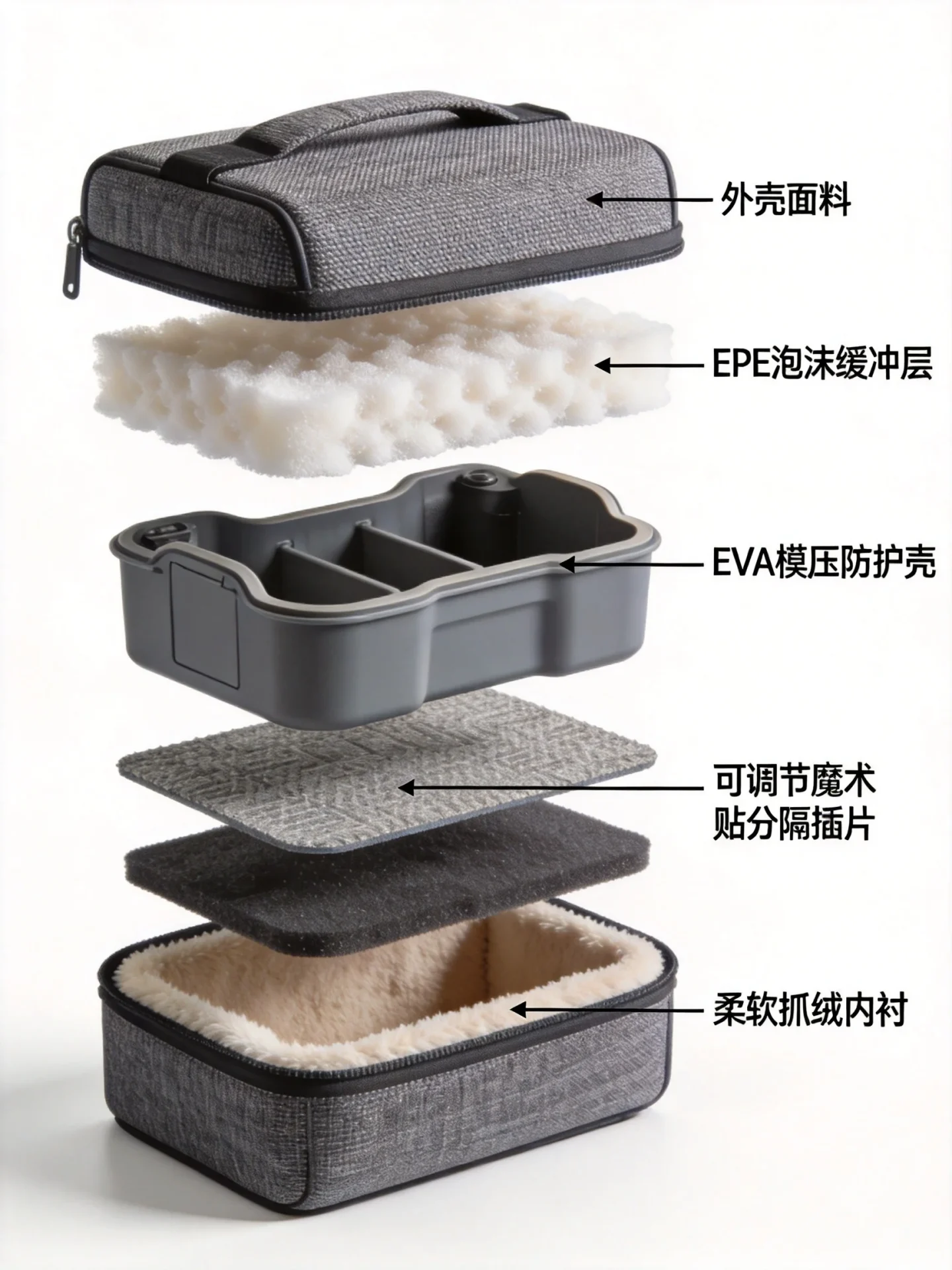 Camera bag protective system cross-section diagram showing multi-layer defense architecture with EPE foam, EVA inserts, and adjustable dividers
