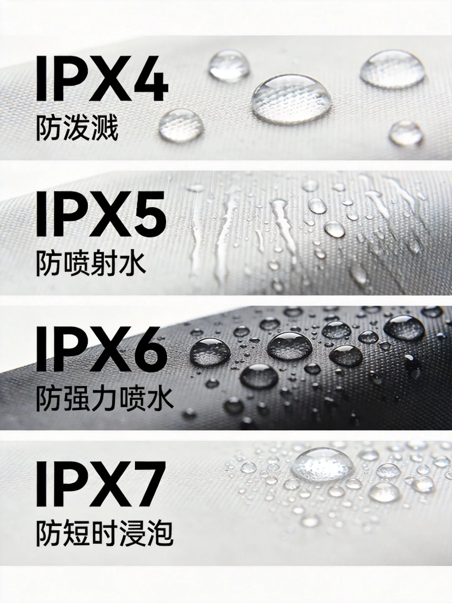 Camera bag waterproof rating comparison showing IPX4 to IPX7 water resistance levels on different fabric materials