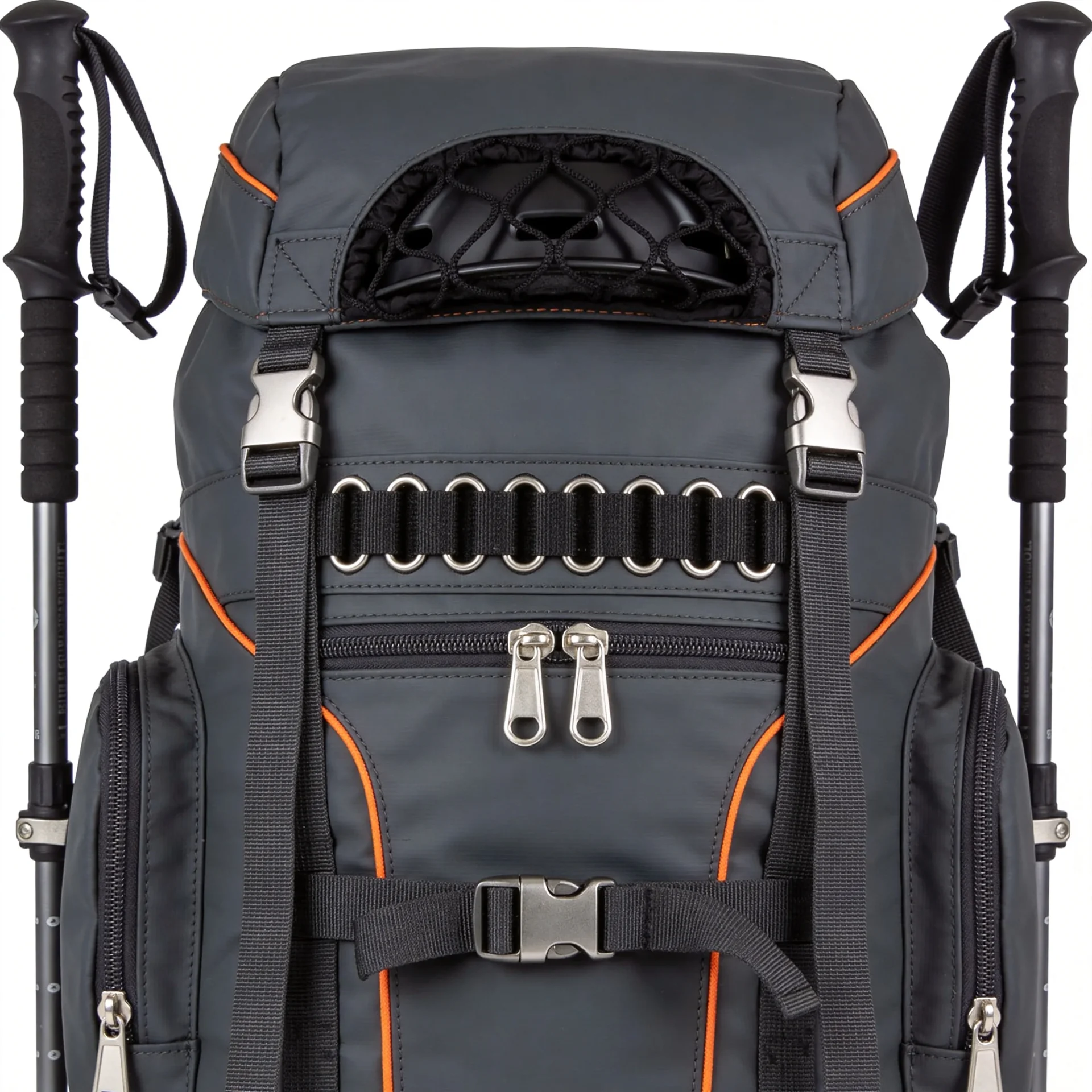 Cold weather backpack external attachment system - ice axe loops, trekking pole straps, snow shovel pocket, and MOLLE webbing for gear integration