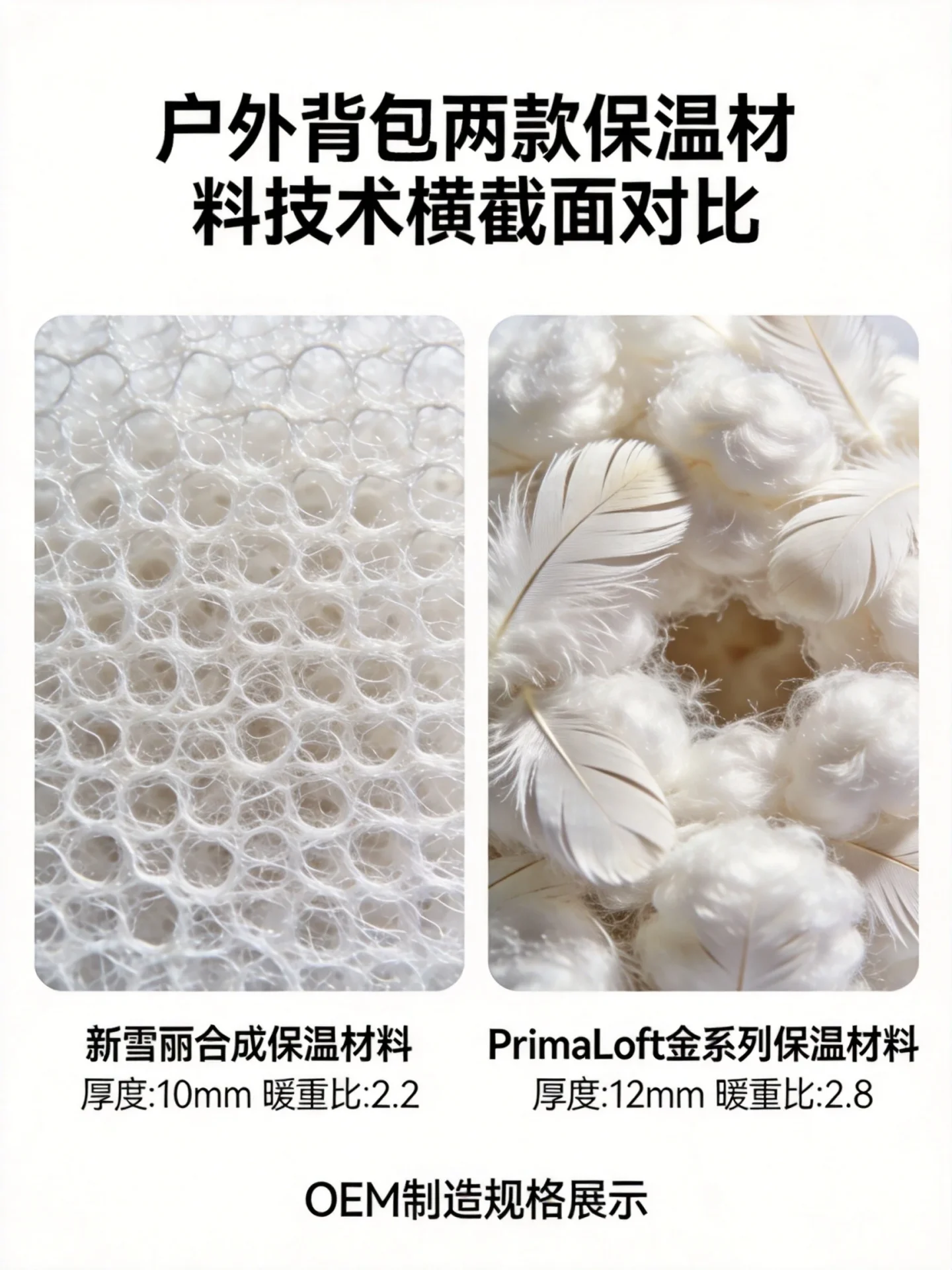 Cold weather backpack insulation material comparison - Thinsulate synthetic microfiber vs PrimaLoft gold series showing warmth-to-weight ratio