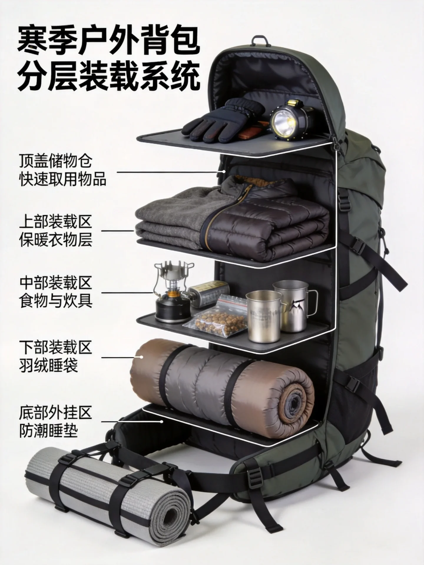 Cold weather backpack layered loading design - top lid compartment, upper insulation zone, middle gear zone, lower sleeping bag zone with compression straps