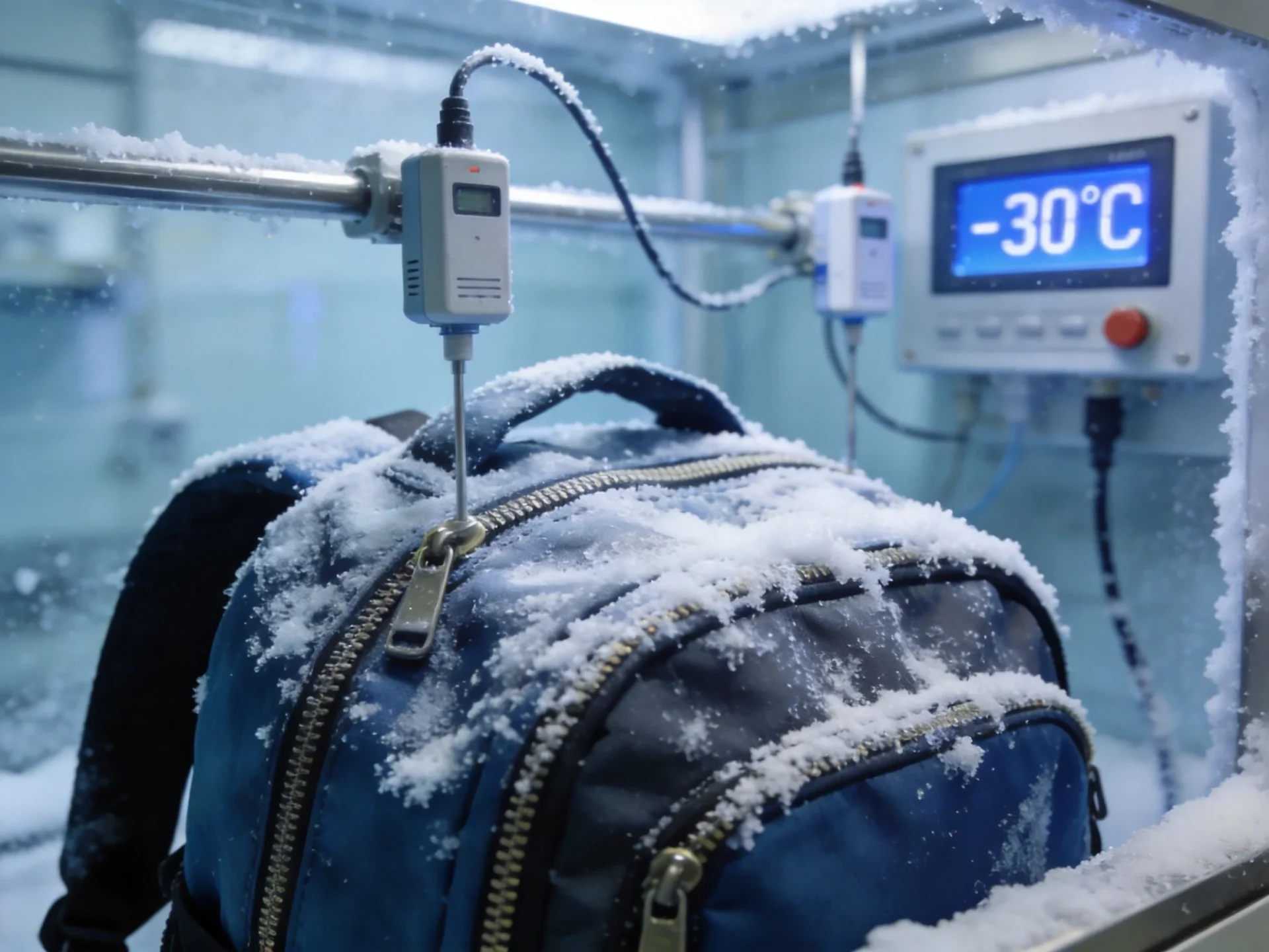 Cold weather backpack quality testing in environmental chamber at minus 30 degrees Celsius - zipper and fabric durability testing
