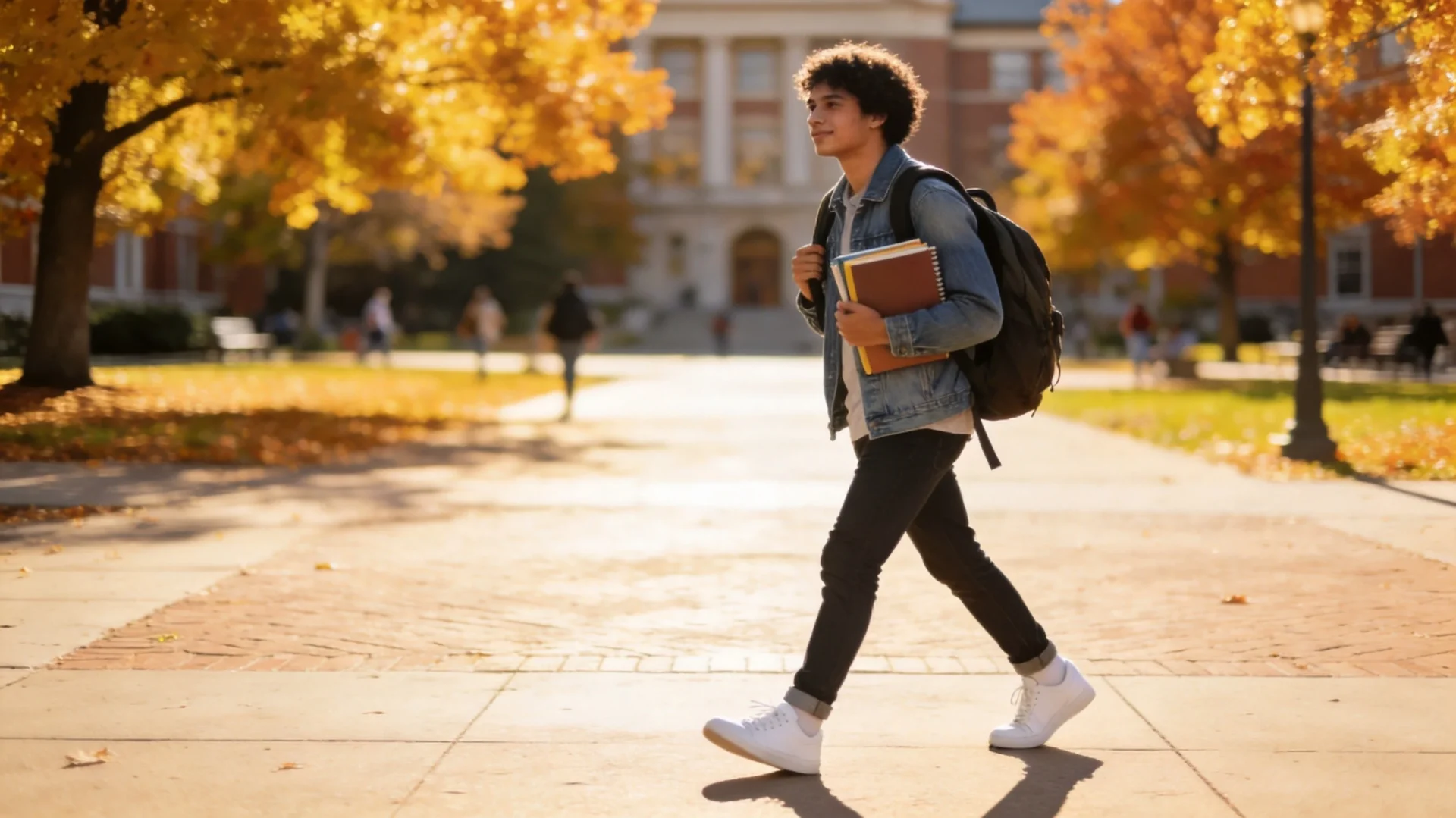 College student wearing a backpack walking across university campus