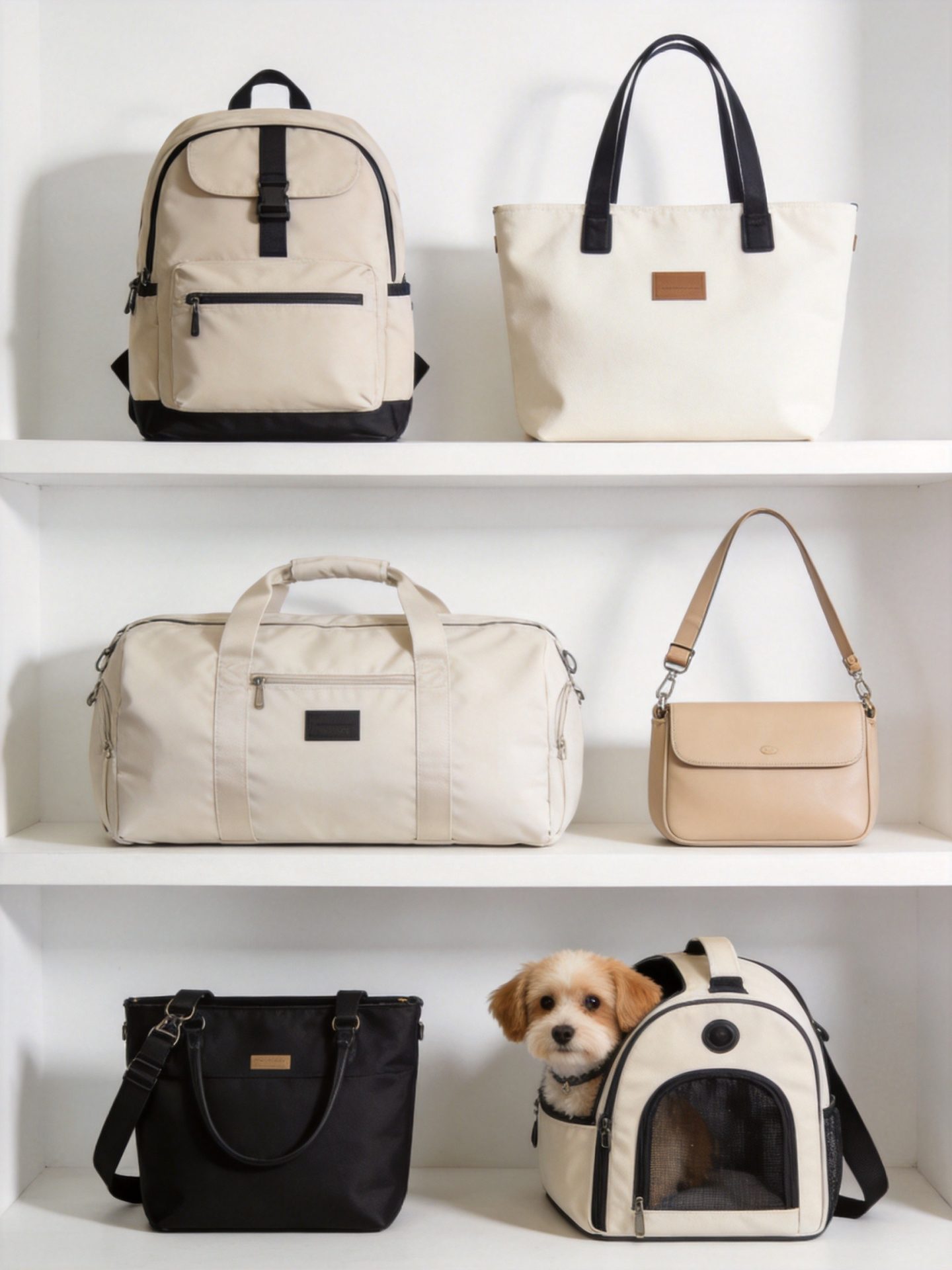 Collection of custom finished bags including backpacks, duffle bags, handbags and golf bags ready for B2B wholesale delivery from Junyuan Bags factory