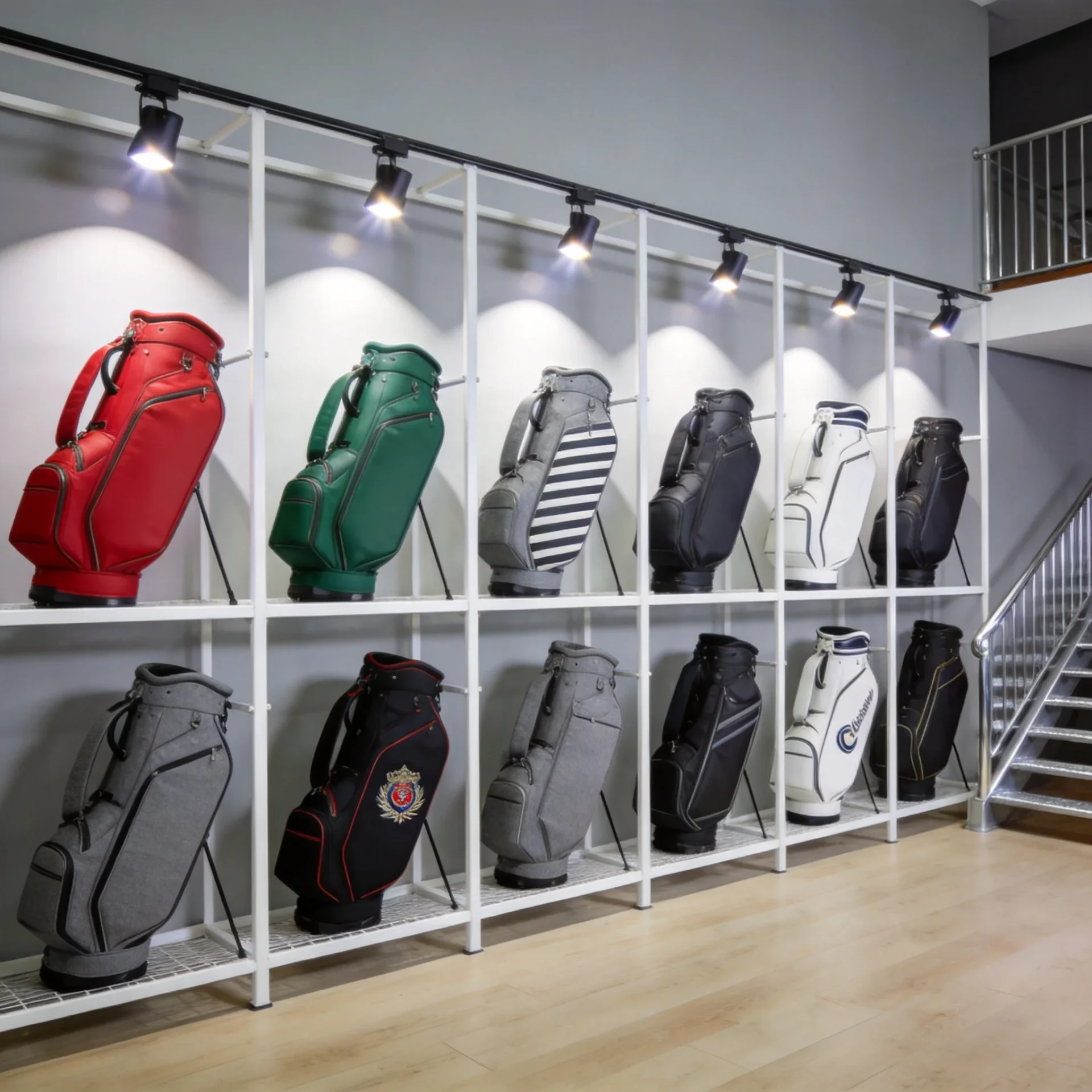 Custom golf bag samples in various colors and styles displayed in showroom