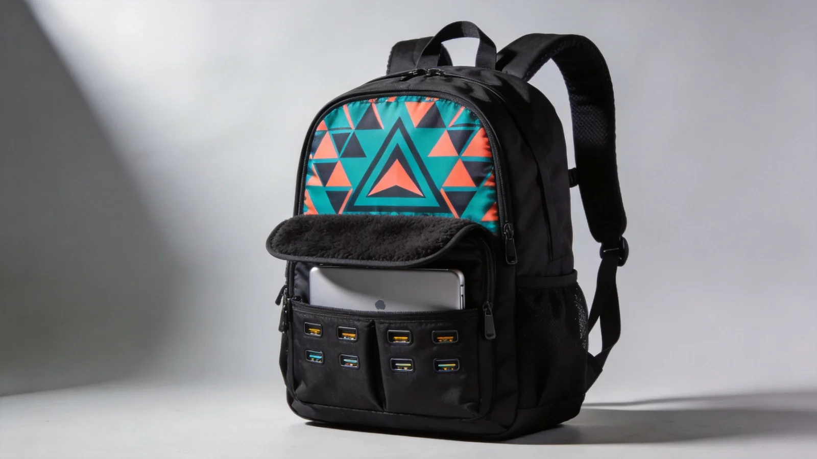 Dakine Campus backpack - black with teal and coral geometric pattern street style