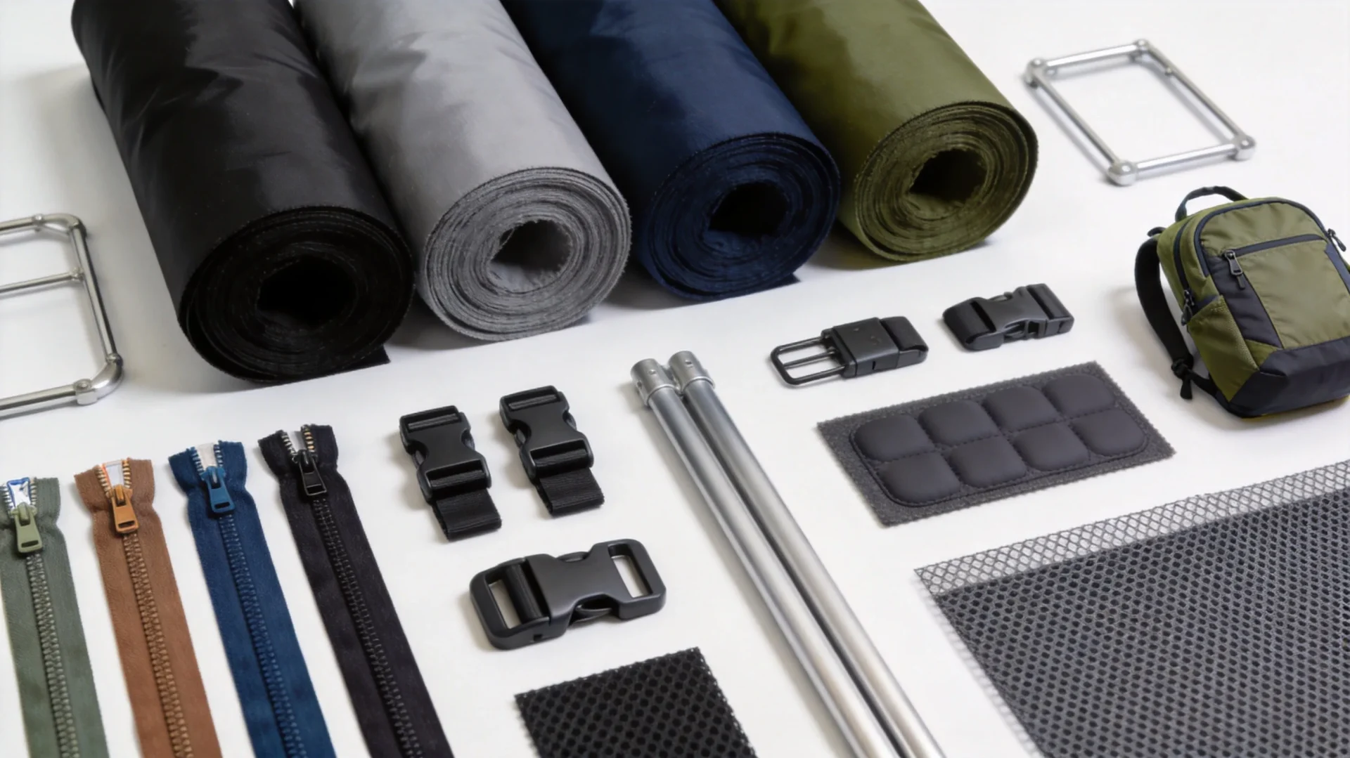 Backpack manufacturing materials including nylon fabric, YKK zippers, buckles and mesh for custom detachable daypack production