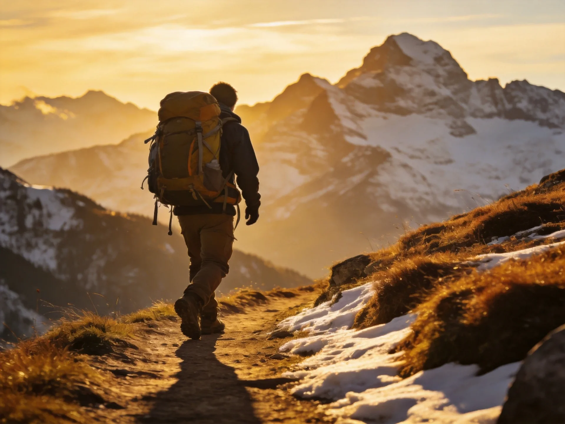 Hiker wearing backpack on scenic mountain trail outdoor adventure