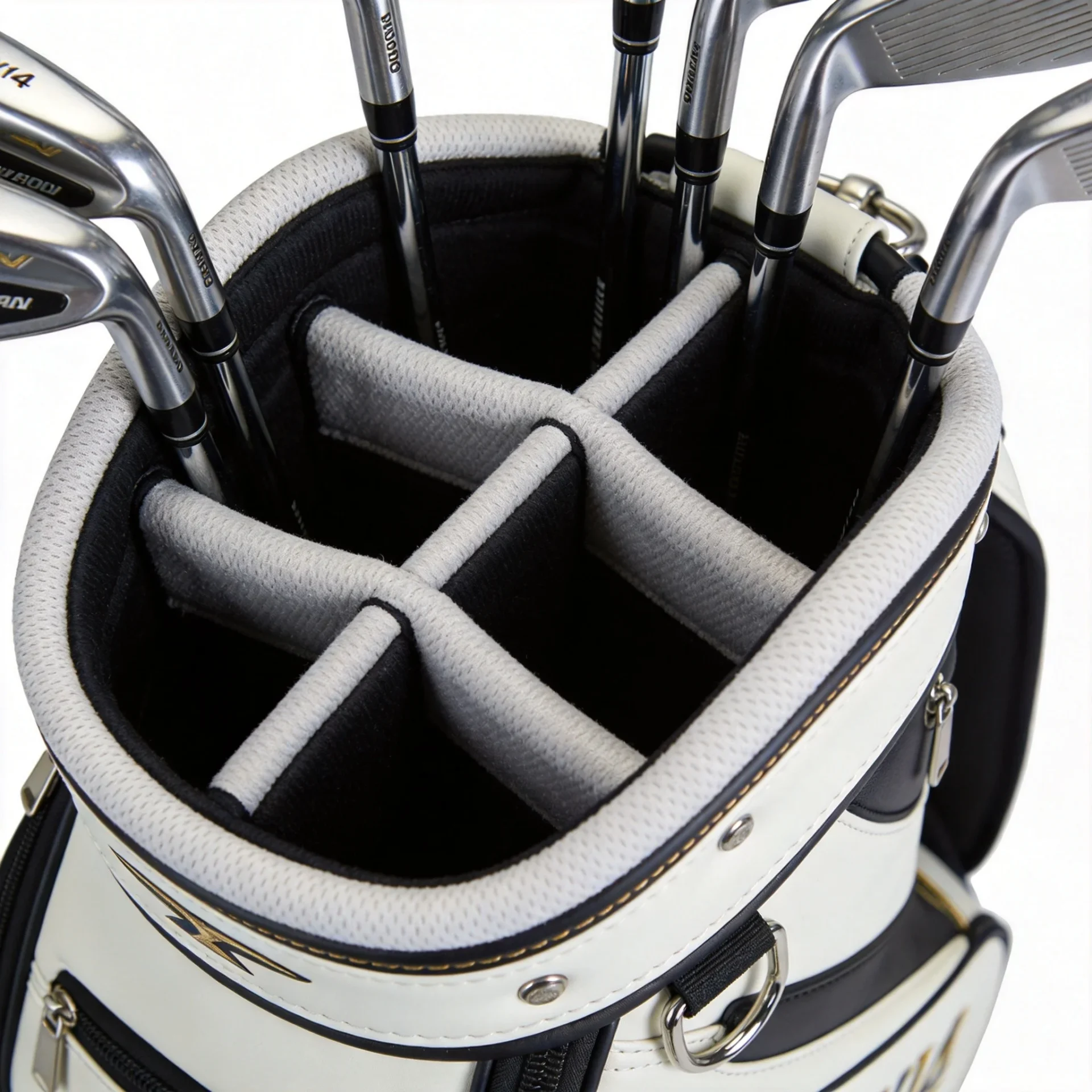 14-way full-length divider system close-up showing individual tube channels with padded interior lining