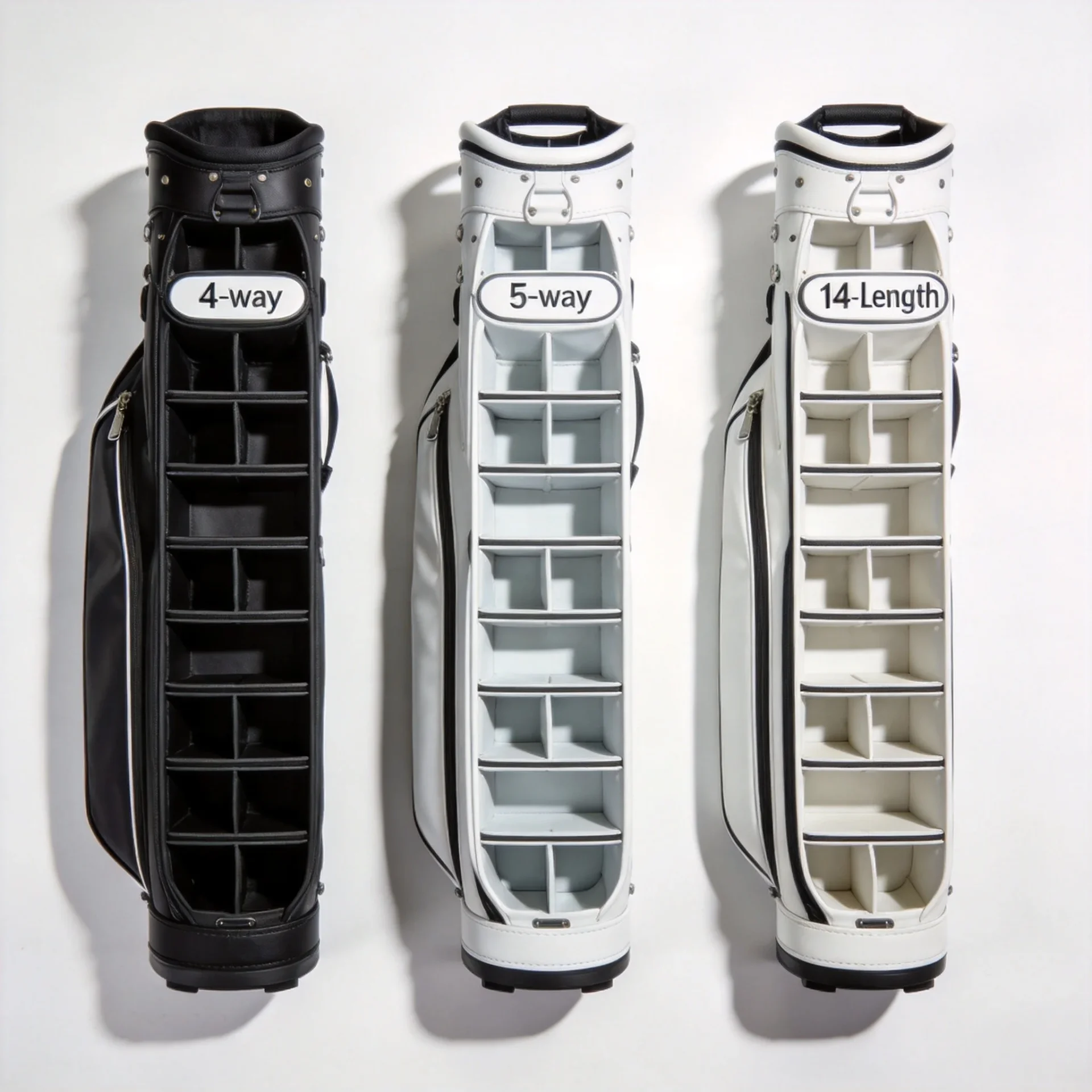 Golf bag divider system comparison - 4-way vs 5-way vs 14-way full-length divider configurations