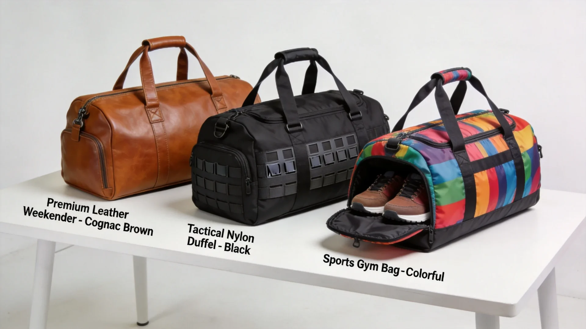 Premium leather weekender, tactical nylon duffel and sports gym bag on a table, comparing the travel-bag material tiers behind the Tumi price